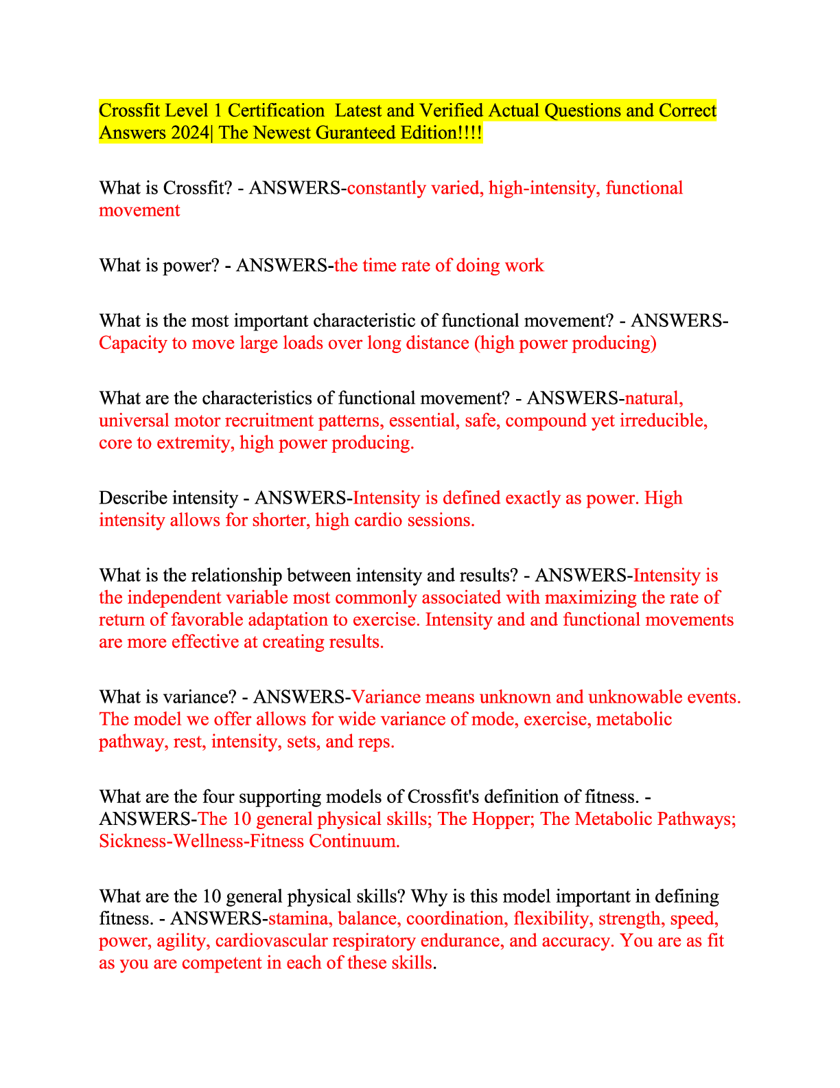 Preview image for Crossfit Level 1 Certification Latest and Verified Actual Questions and Correct Answers 2024  The Newest Guaranteed Edition!!!!.