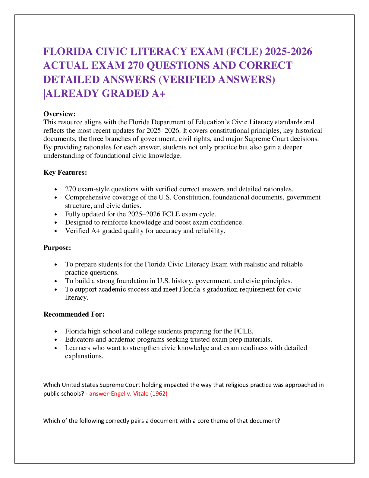 Preview of FLORIDA CIVIC LITERACY EXAM (FCLE) 2025-2026  ACTUAL EXAM 270 QUESTIONS AND CORRECT  DETAI