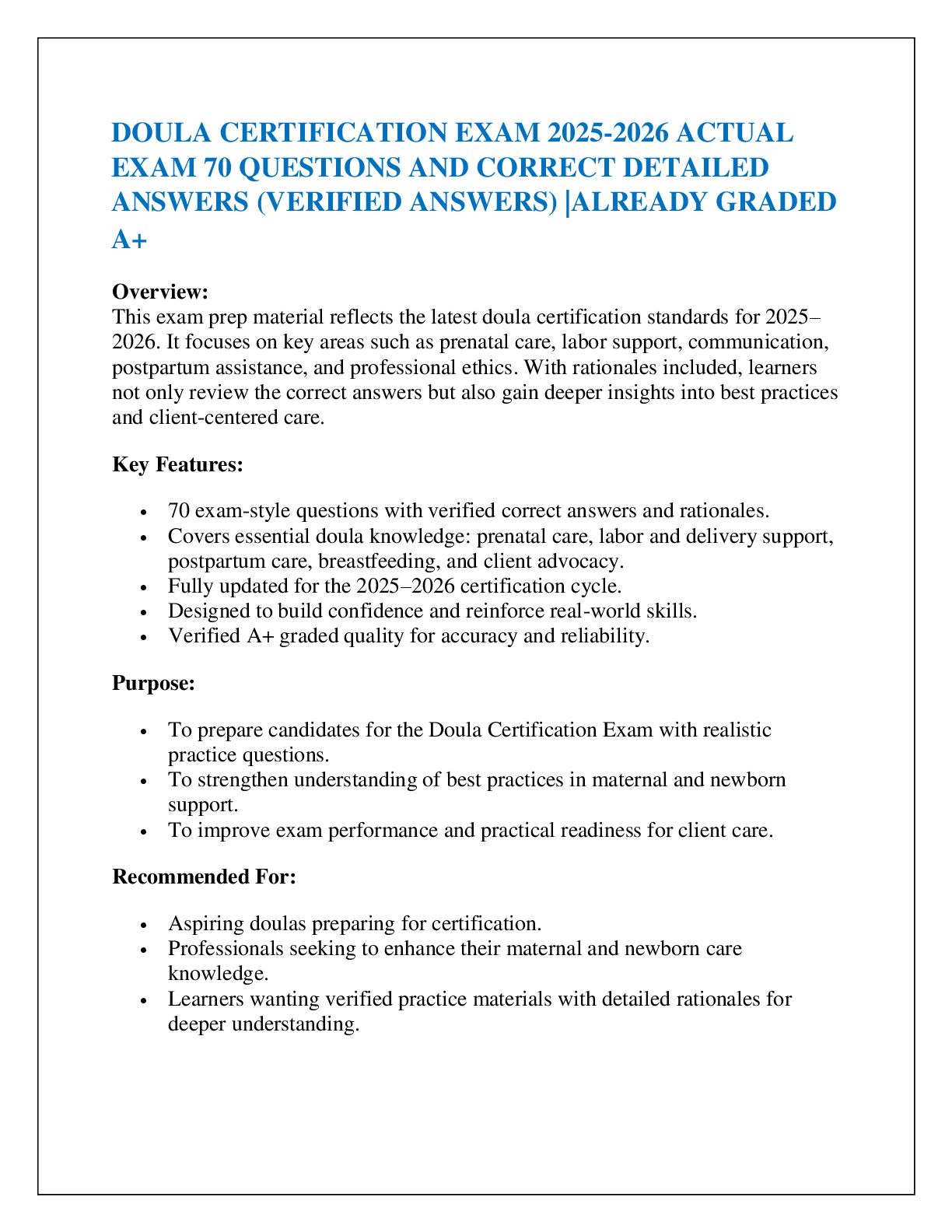 Preview of DOULA CERTIFICATION EXAM 2025-2026 ACTUAL  EXAM 70 QUESTIONS AND CORRECT DETAILED  ANSWERS