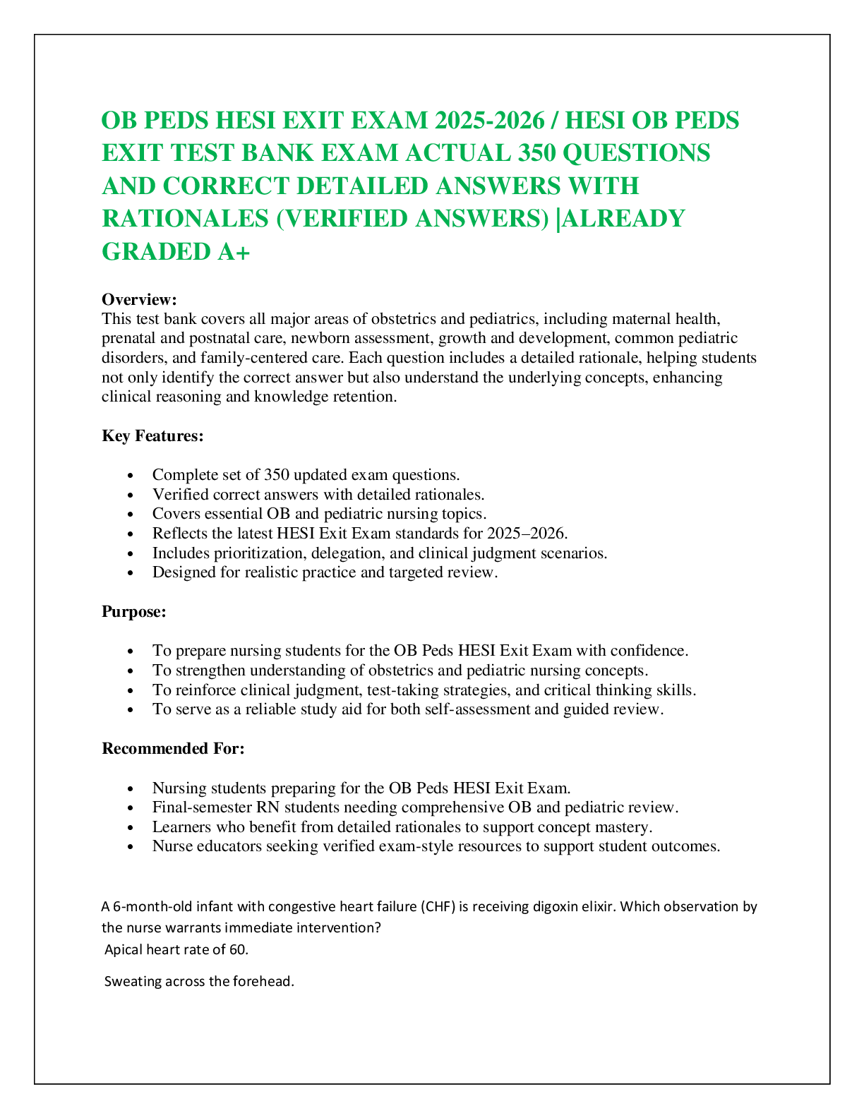 Preview of OB PEDS HESI EXIT EXAM 2025-2026 / HESI OB PEDS EXIT TEST BANK EXAM ACTUAL 350 QUESTIONS AND CORRECT DETAILED ANSWERS WITH RATIONALES (VERIFIED ANSWERS) |ALREADY GRADED A+