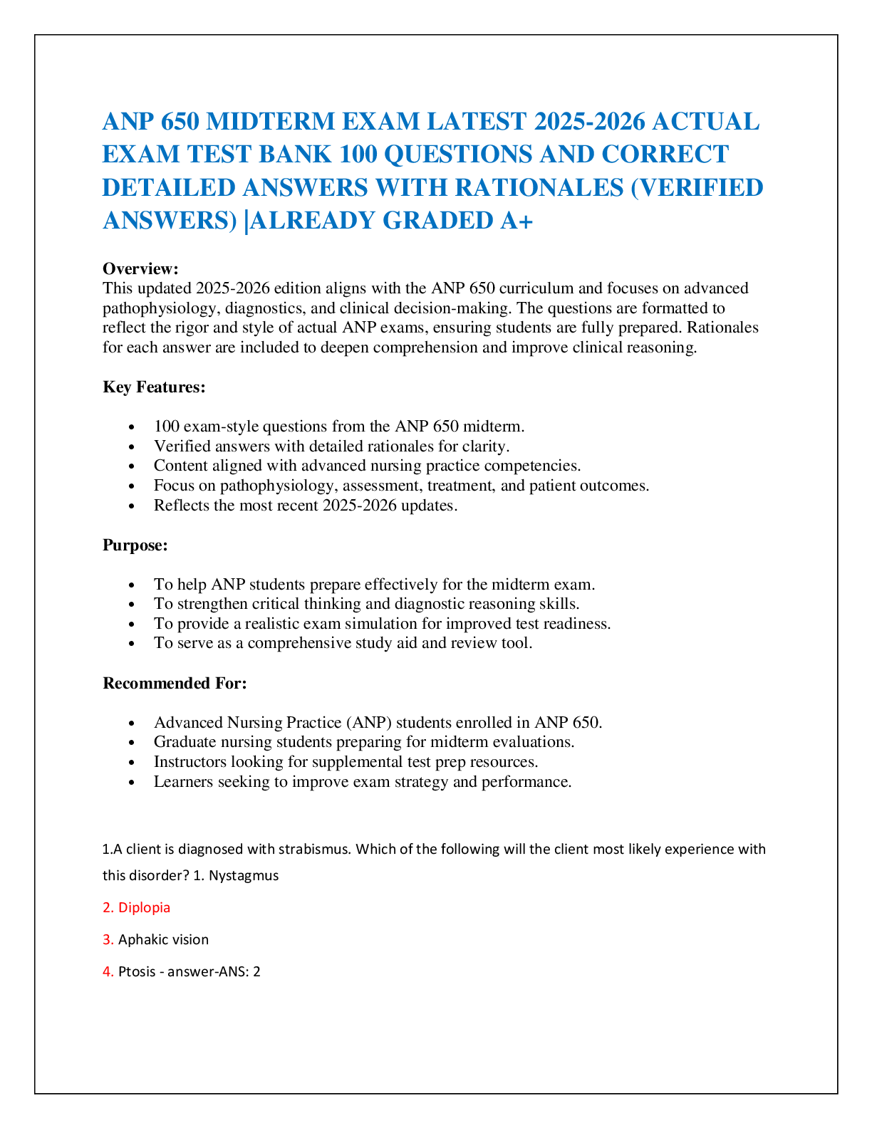 ANP 650 MIDTERM EXAM LATEST 2025-2026 ACTUAL  EXAM TEST BANK 100 QUESTIONS AND CORRECT  DETAILED ANSWERS WITH RATIONALES (VERIFIED ANSWERS) |ALREADY GRADED A+