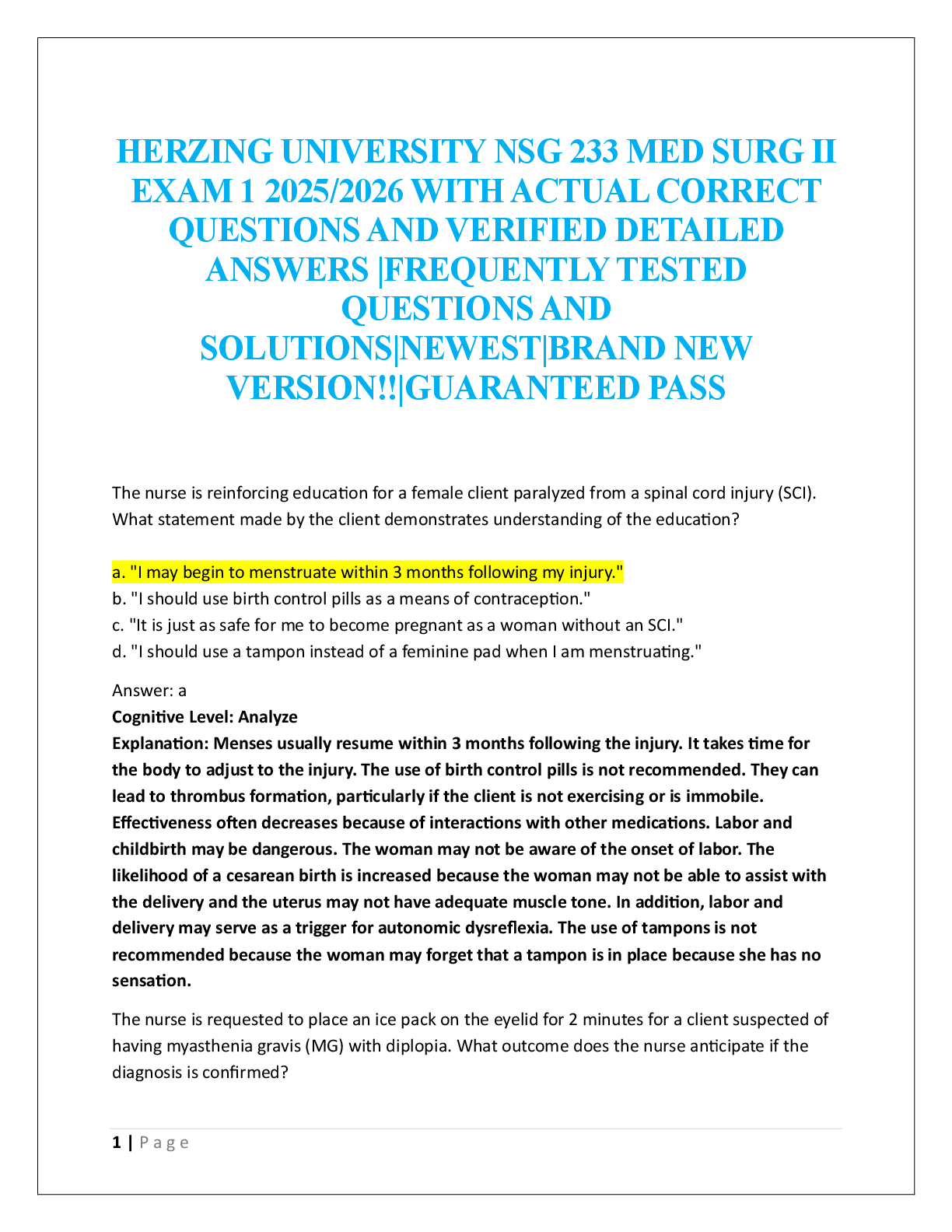 Recommended document preview for HERZING UNIVERSITY NSG 233 MED SURG II  EXAM 1  