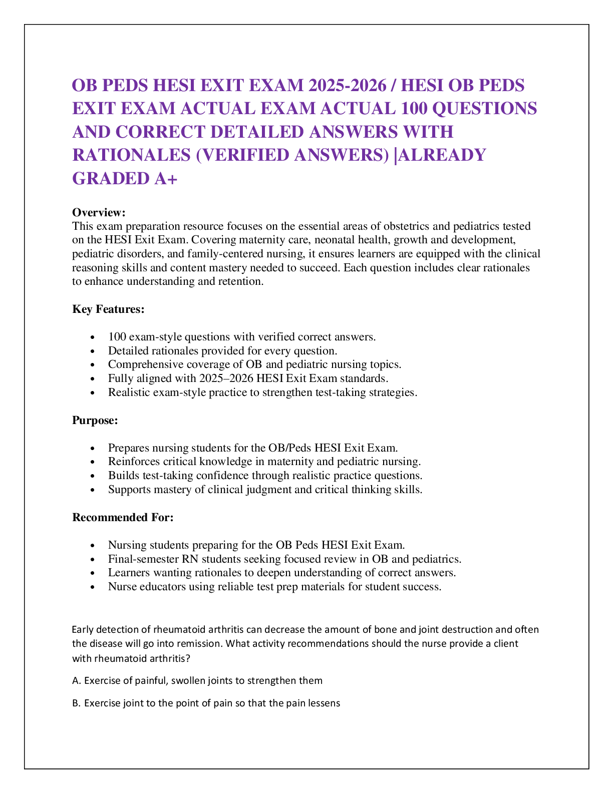 Preview image for OB PEDS HESI EXIT EXAM 2025-2026 / HESI OB PEDS EXIT EXAM ACTUAL EXAM ACTUAL 100 QUESTIONS AND CORRECT DETAILED ANSWERS WITH RATIONALES (VERIFIED ANSWERS) |ALREADY GRADED A+