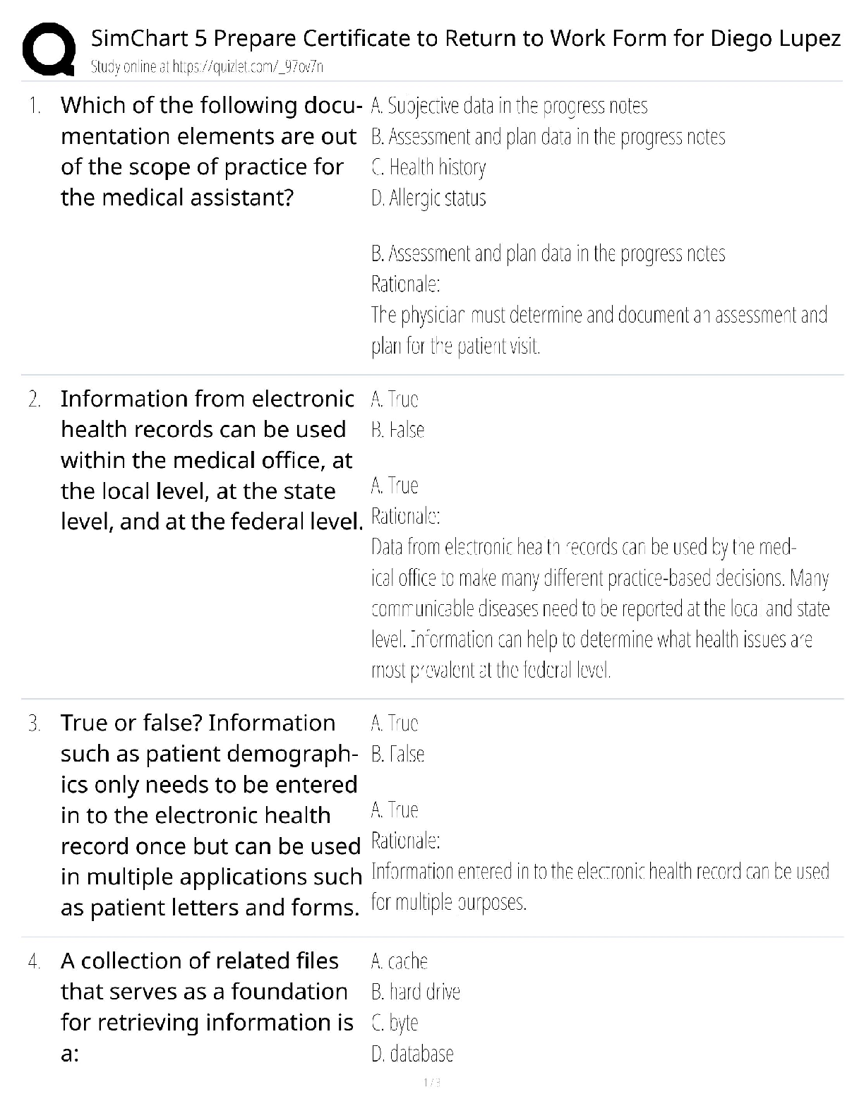 Preview of SimChart 5 Return to Work Form Test Bank / Diego Lupez Case Study / 2025 Update / Score 10