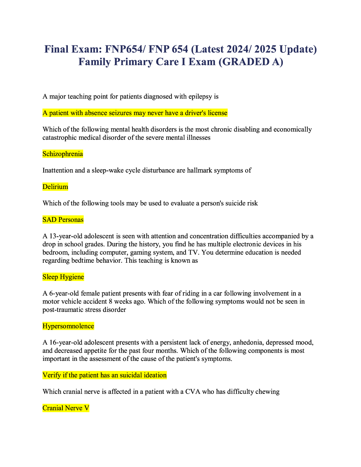 Preview image for Final Exam FNP654 FNP 654 (Latest 2024-2025 Update) Family Primary Care I Exam (GRADED A).