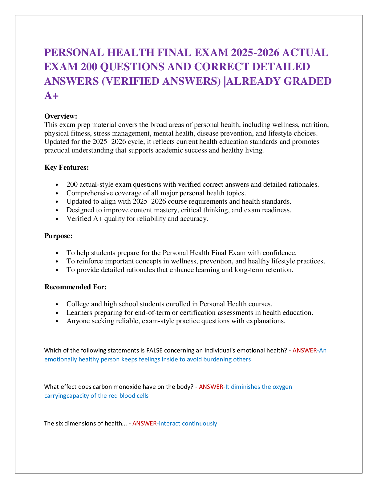 Preview of PERSONAL HEALTH FINAL EXAM 2025-2026 ACTUAL  EXAM 200 QUESTIONS AND CORRECT DETAILED  ANSWERS (VERIFIED ANSWERS) |ALREADY GRADED A+
