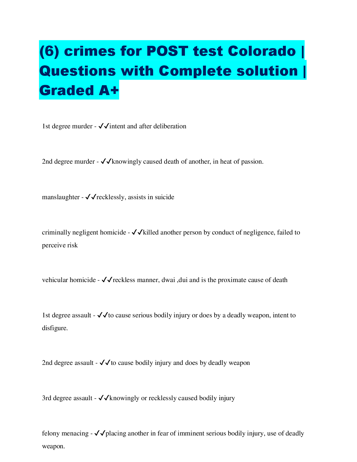 Preview image for (6) crimes for POST test Colorado |  Questions with Complete solution |  Graded A+