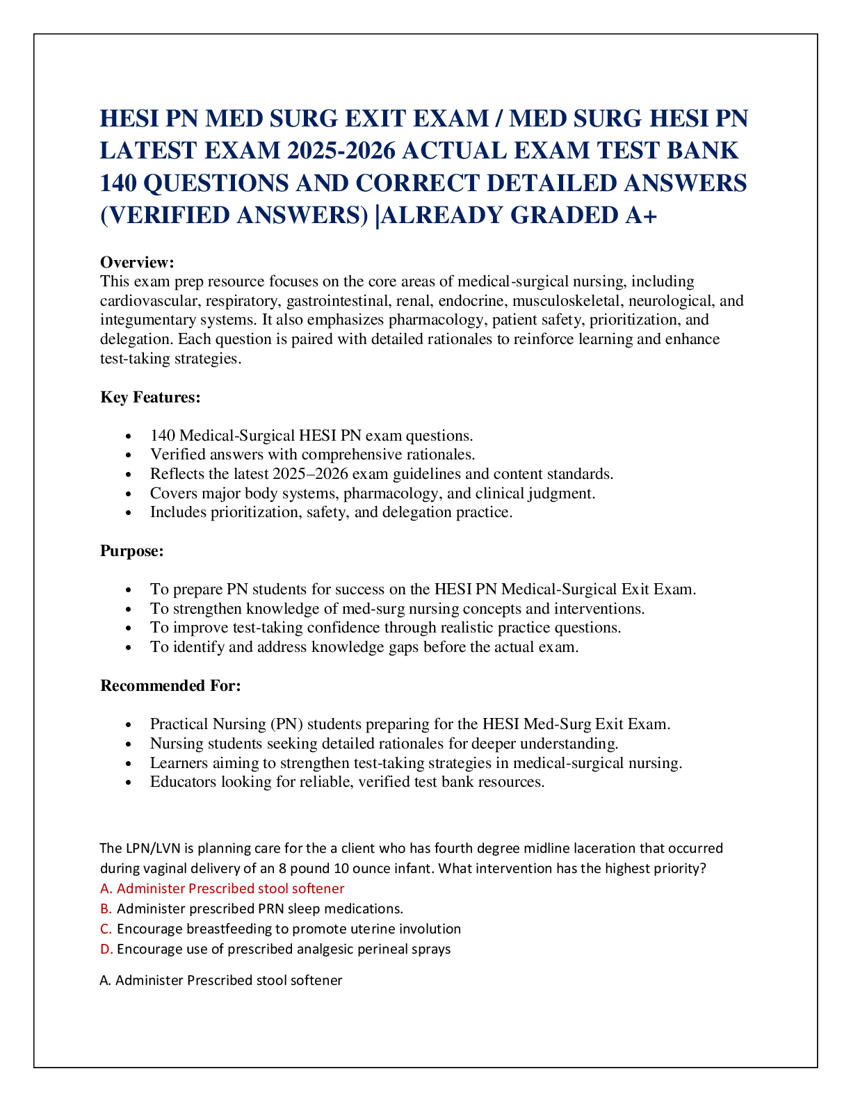 Recommended document preview for HESI PN MED SURG EXIT EXAM / MED SURG HESI PN  LATEST EXAM 2025-2026 ACTUAL EXAM TEST BANK  140 QUESTIONS AND CORRECT DETAILED ANSWERS (VERIFIED ANSWERS) |ALREADY GRADED A+