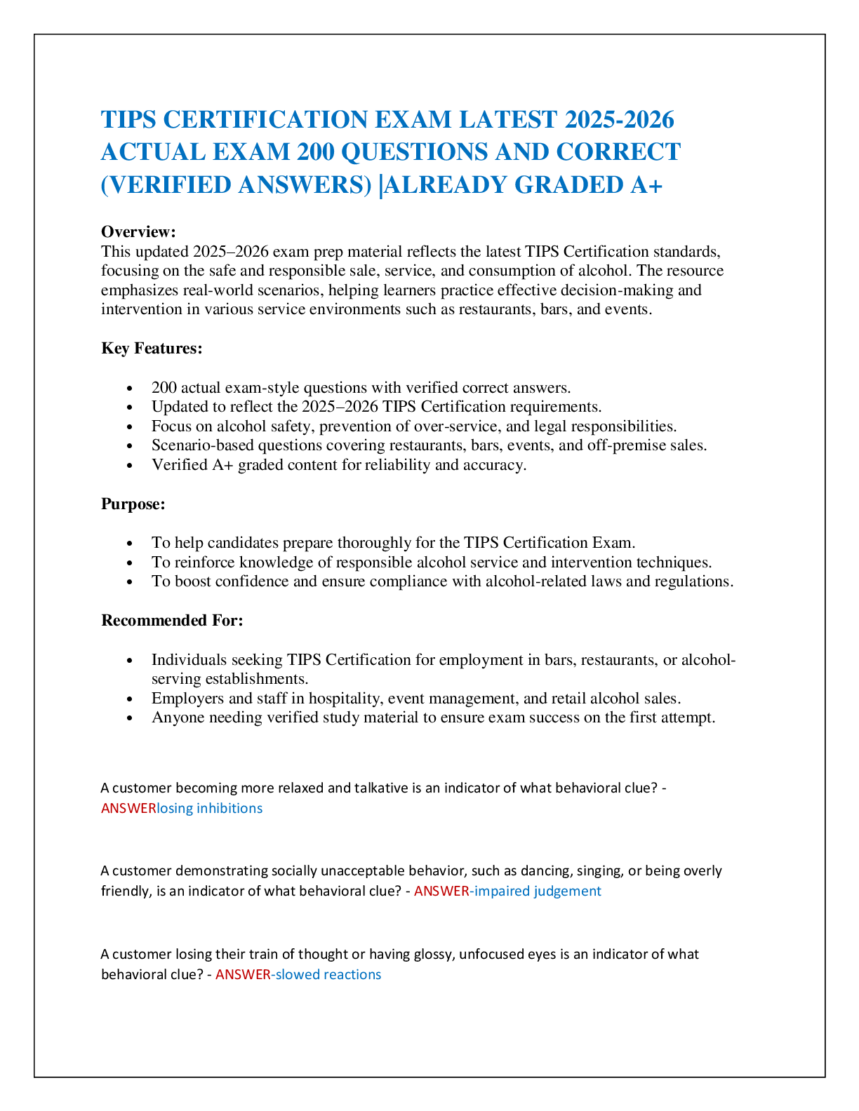 TIPS CERTIFICATION EXAM LATEST 2025-2026  ACTUAL EXAM 200 QUESTIONS AND CORRECT  (VERIFIED ANSWERS) |ALREADY GRADED A+