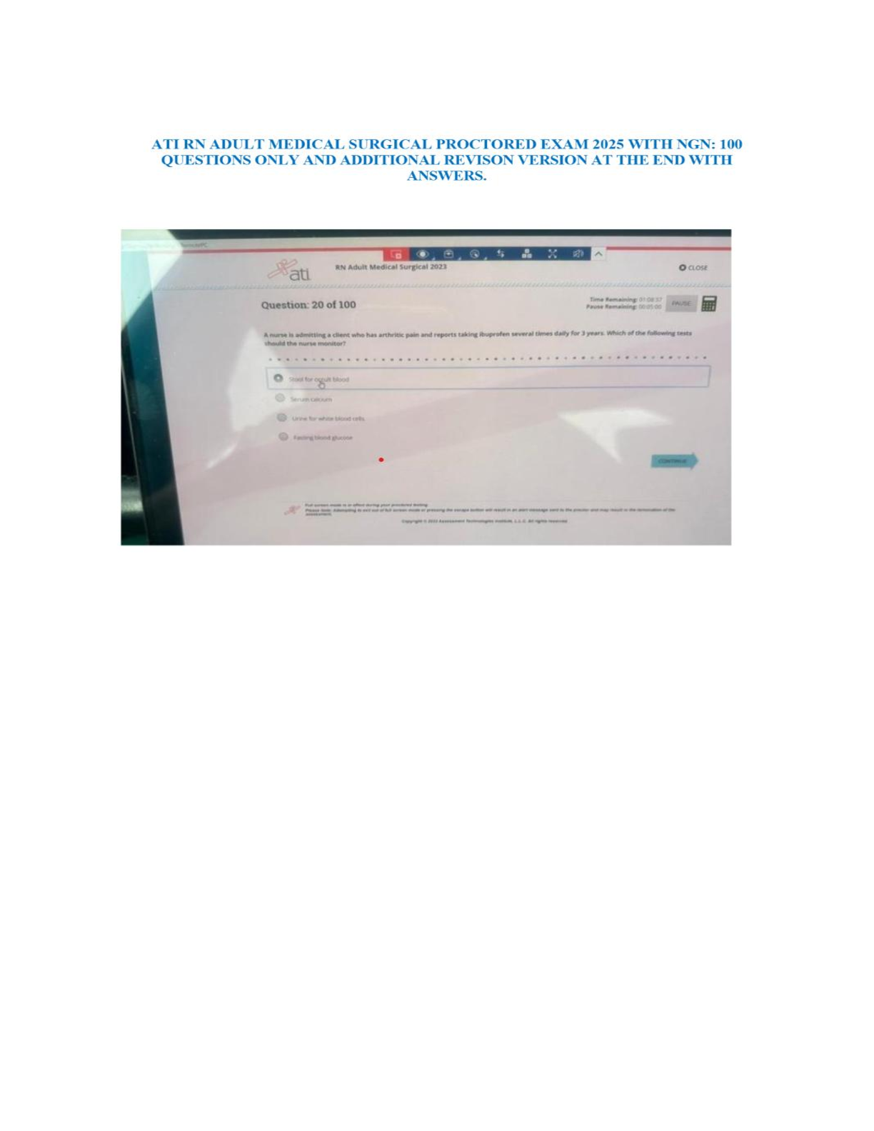 Preview image for Verified ATI RN Medical Surgical Retake 2023 with NGN — 100 Retake Questions & Correct Rationales | RN ATI Med-Surg 2025 Proctored Exam A+ Score