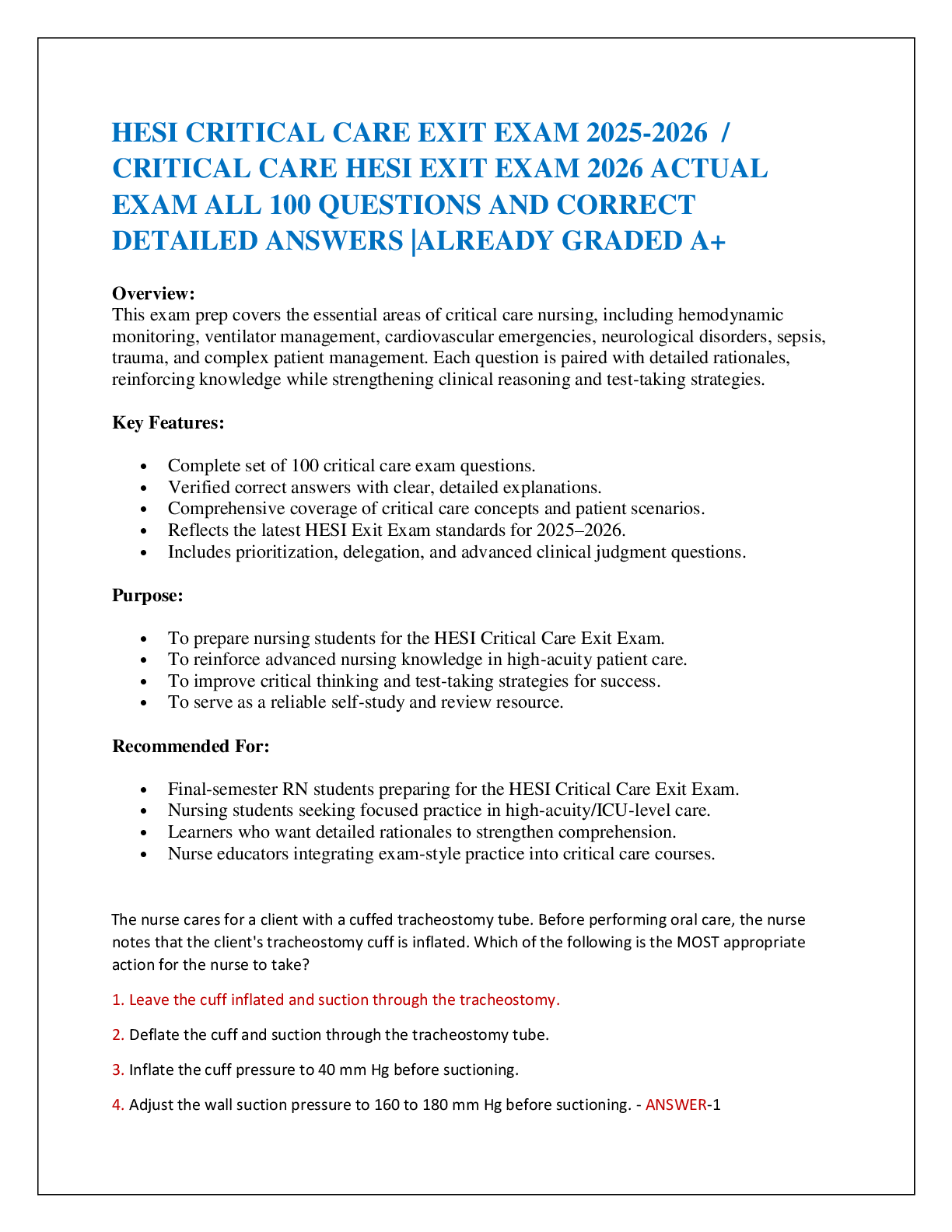 Preview of HESI CRITICAL CARE EXIT EXAM 2025-2026  / CRITICAL CARE HESI EXIT EXAM 2026 ACTUAL EXAM ALL 100 QUESTIONS AND CORRECT DETAILED ANSWERS |ALREADY GRADED A+