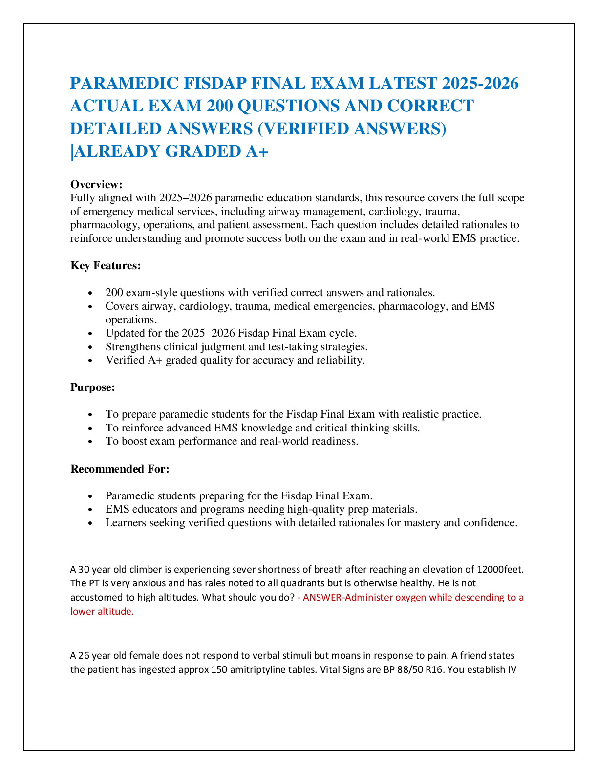 PARAMEDIC FISDAP FINAL EXAM LATEST 2025-2026  ACTUAL EXAM 200 QUESTIONS AND CORRECT  DETAILED ANSWERS (VERIFIED ANSWERS) |ALREADY GRADED A+