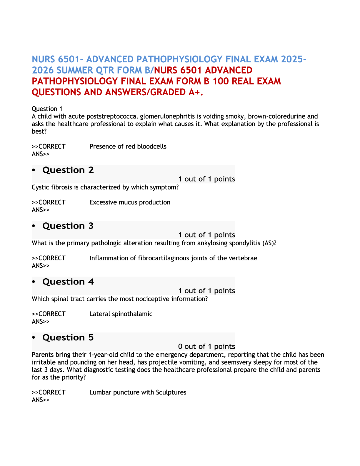Preview image for NURS 6501 - Advanced Pathophysiology Final Exam 2025-2026 Summer Quarter Form B  NURS 6501 Advanced Pathophysiology Final Exam Form B 100 Real Exam Questions and Answers Graded A+.