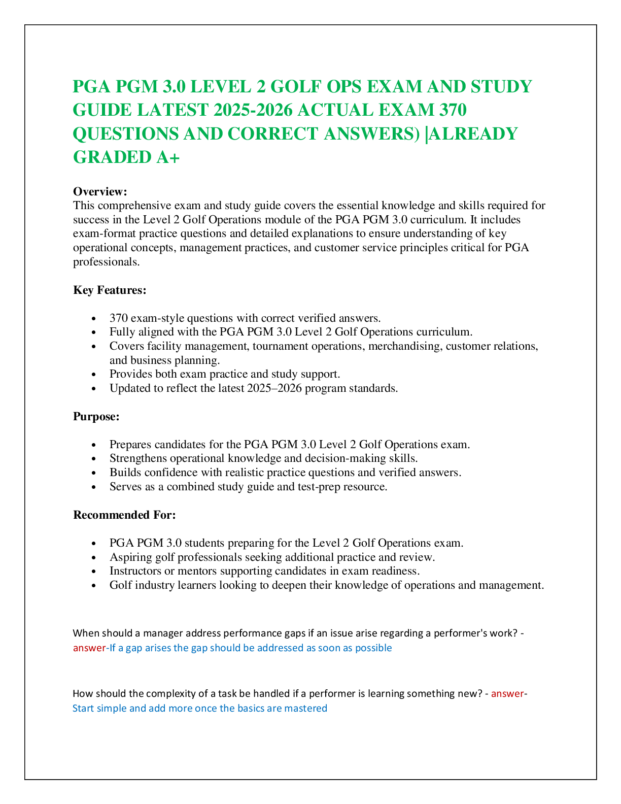PGA PGM 3.0 LEVEL 2 GOLF OPS EXAM AND STUDY  GUIDE LATEST 2025-2026 ACTUAL EXAM 370  QUESTIONS AND CORRECT ANSWERS) |ALREADY GRADED A+