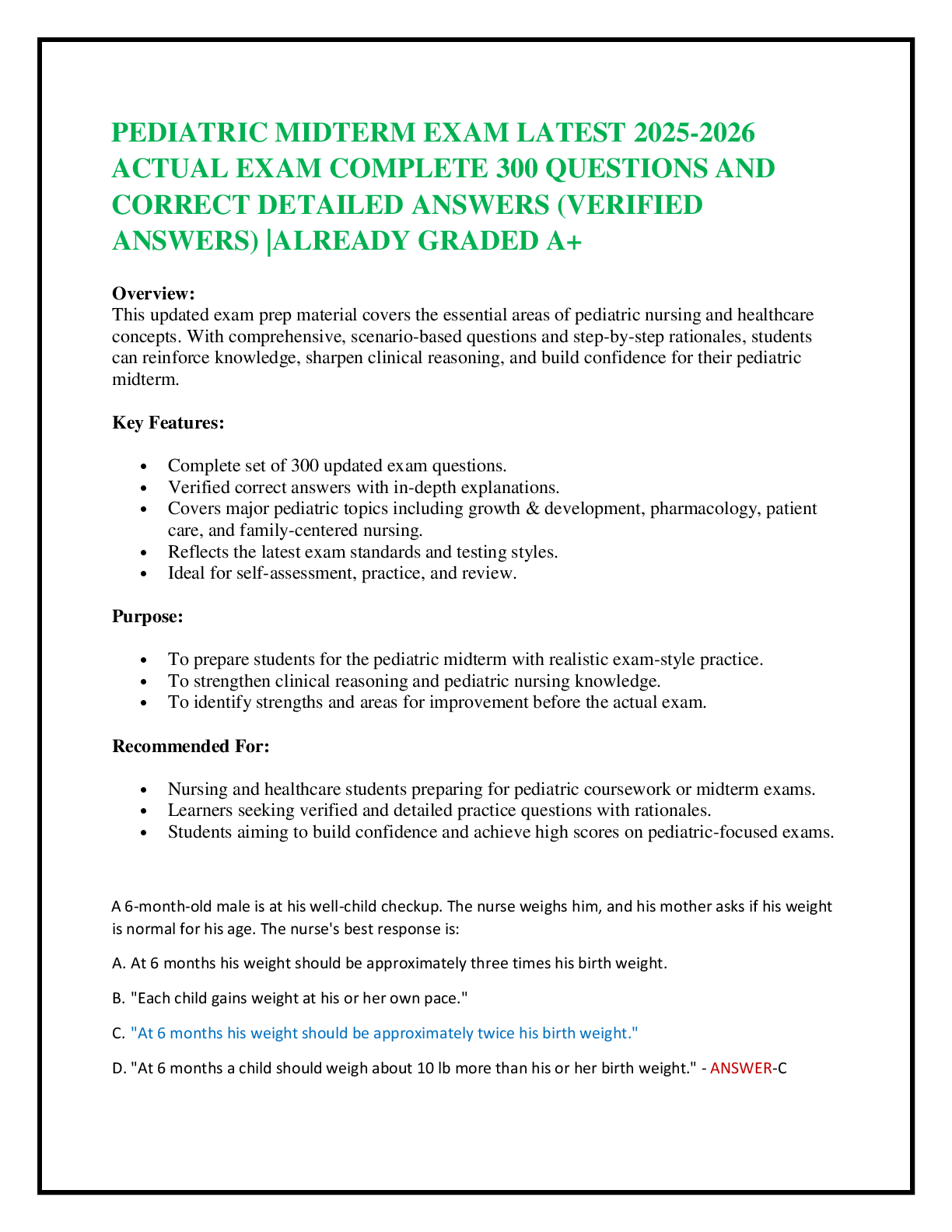 PEDIATRIC MIDTERM EXAM LATEST 2025-2026 ACTUAL EXAM COMPLETE 300 QUESTIONS AND  CORRECT DETAILED ANSWERS (VERIFIED ANSWERS) |ALREADY GRADED A+