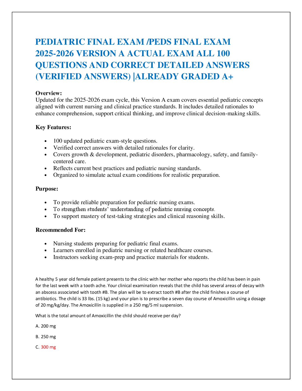 PEDIATRIC FINAL EXAM /PEDS FINAL EXAM  2025-2026 VERSION A ACTUAL EXAM ALL 100  QUESTIONS AND CORRECT DETAILED ANSWERS (VERIFIED ANSWERS) |ALREADY GRADED A+