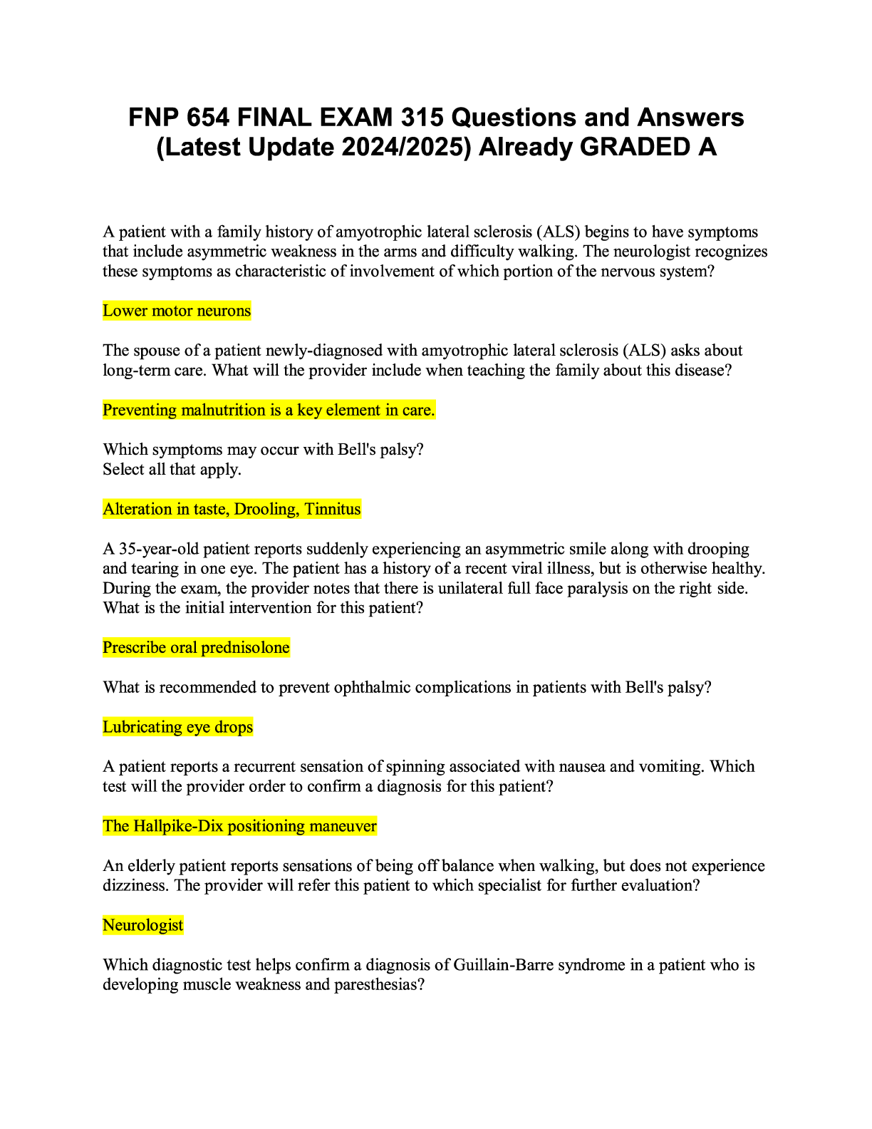 Preview image for FNP 654 FINAL EXAM 315 Questions and Answers (Latest Update 2024-2025) Already GRADED A..