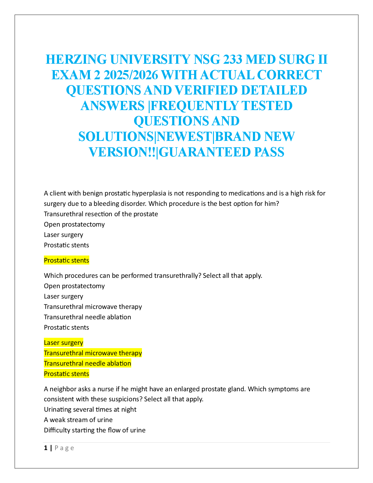 Recommended document preview for HERZING UNIVERSITY NSG 233 MED SURG II  EXAM 2  