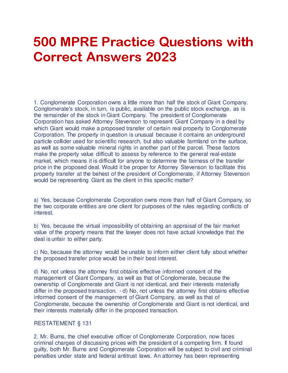 Preview image for 500 MPRE Practice Questions with  Correct Answers 2023