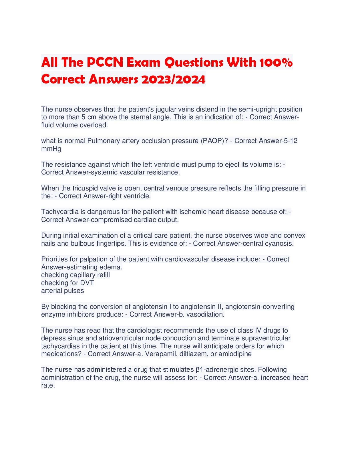 Preview image for All The PCCN Exam Questions With 100%  Correct Answers 2023/2024