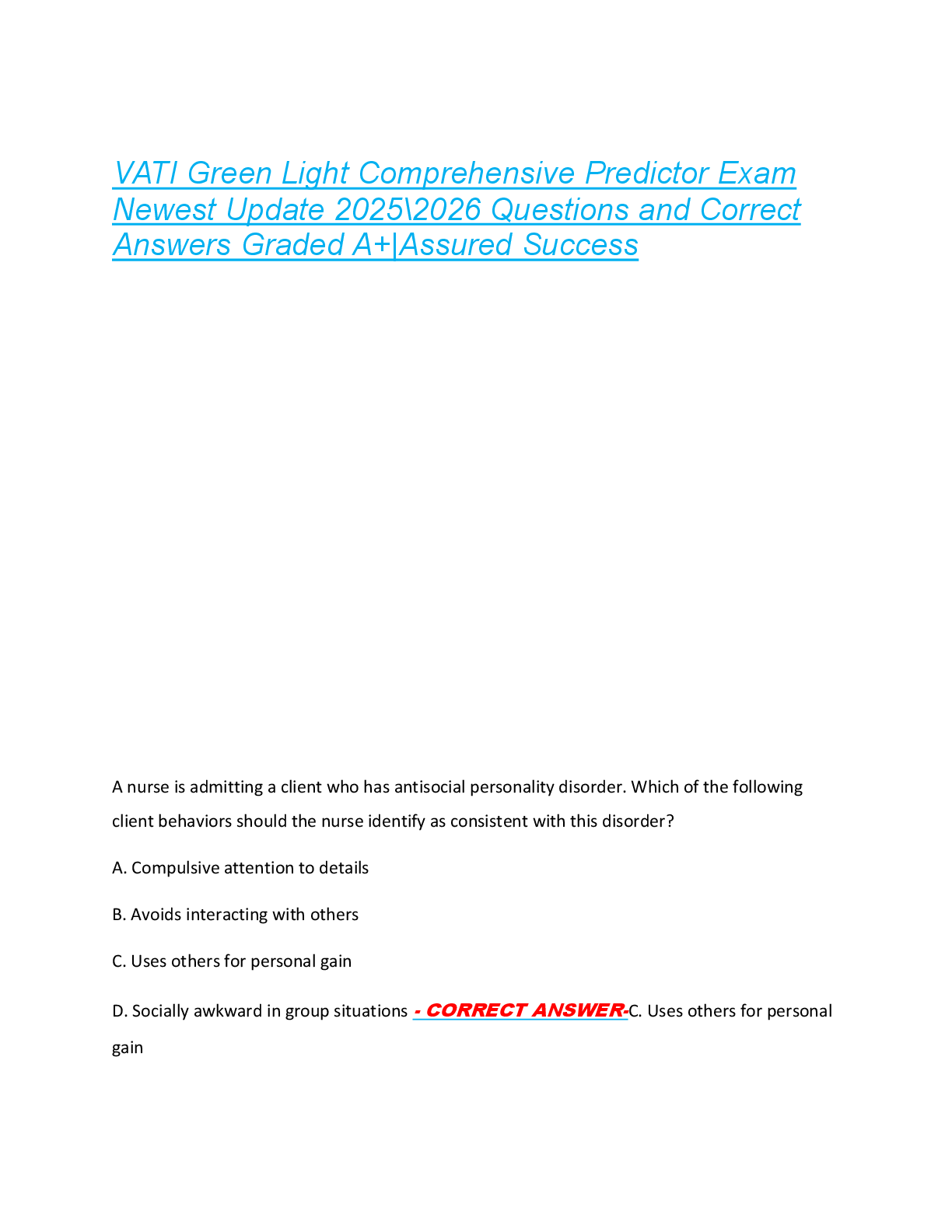 VATI Green Light Comprehensive Predictor Exam  Newest Update 2025\2026 Questions and Correct  Answers Graded A+|Assured Success