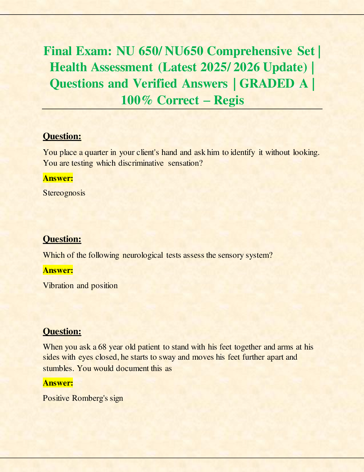 Final Exam: NU 650/ NU650 Comprehensive Set |  Health Assessment (Latest 2025/ 2026 Update) |  Questions and Verified Answers | GRADED A |  100% Correct – Regis