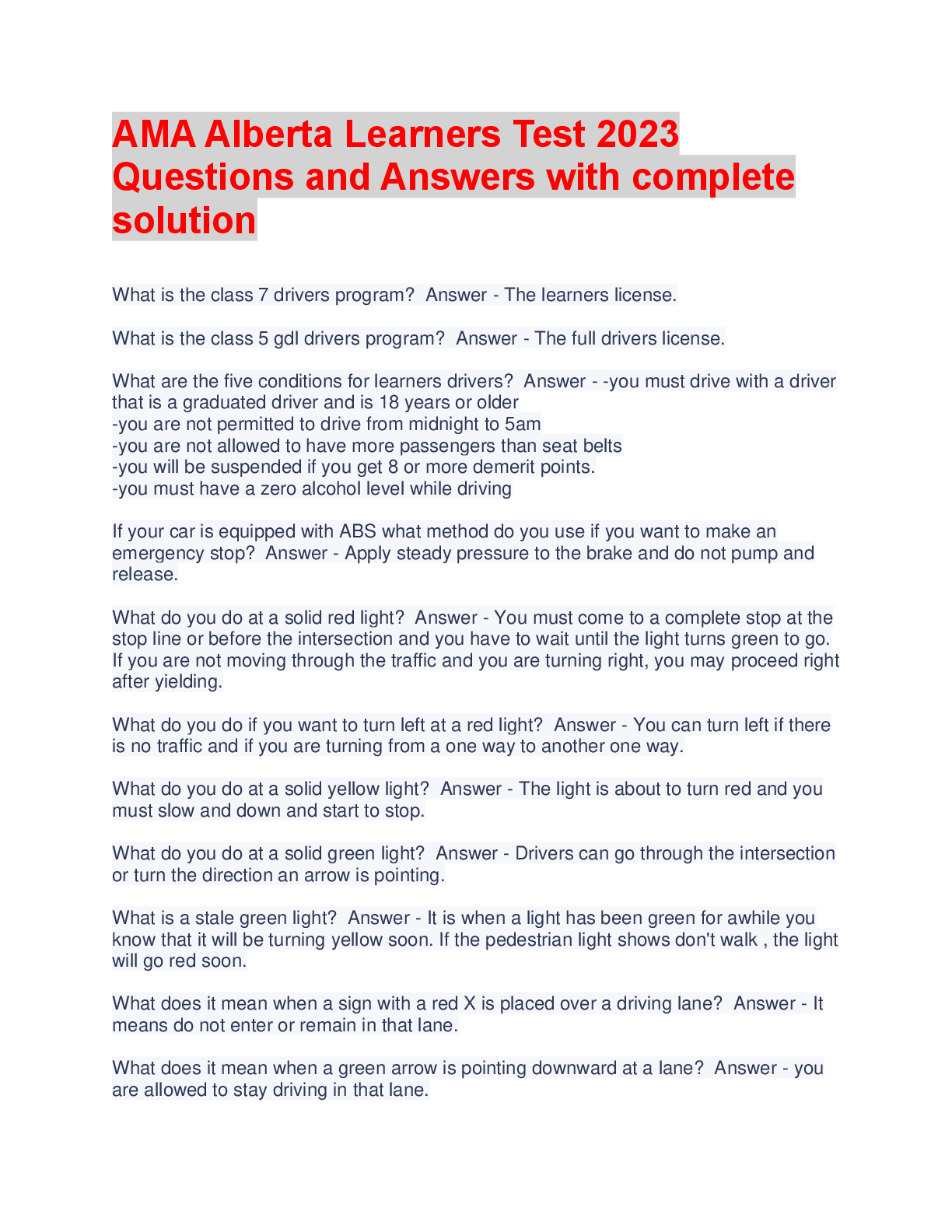 Preview image for AMA Alberta Learners Test 2023  Questions and Answers with complete  solution
