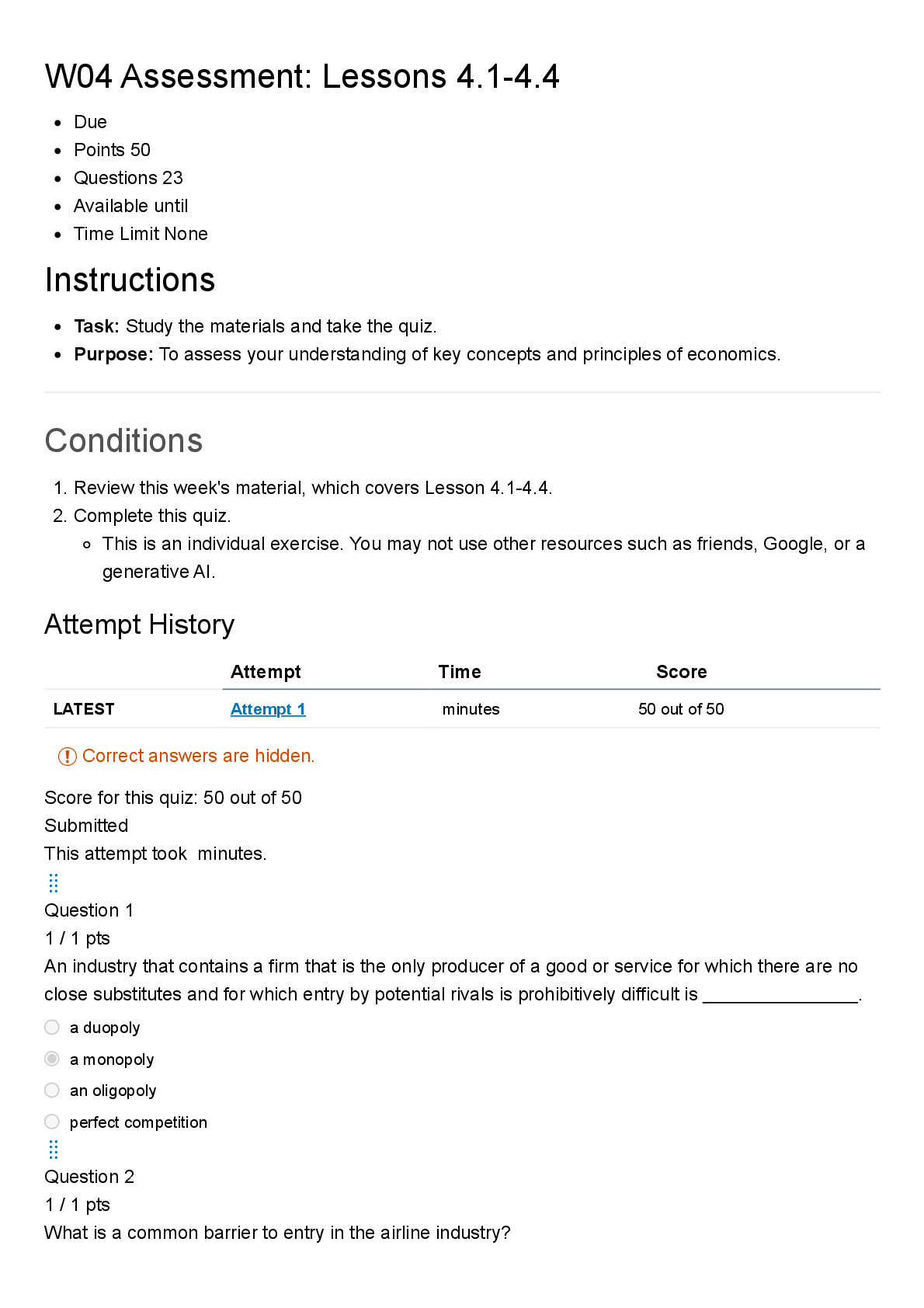 Preview image for ECON 100 W04 Assessment: Lessons 4.1-4.4 | Score 50/50 | Brigham Young University - Idaho