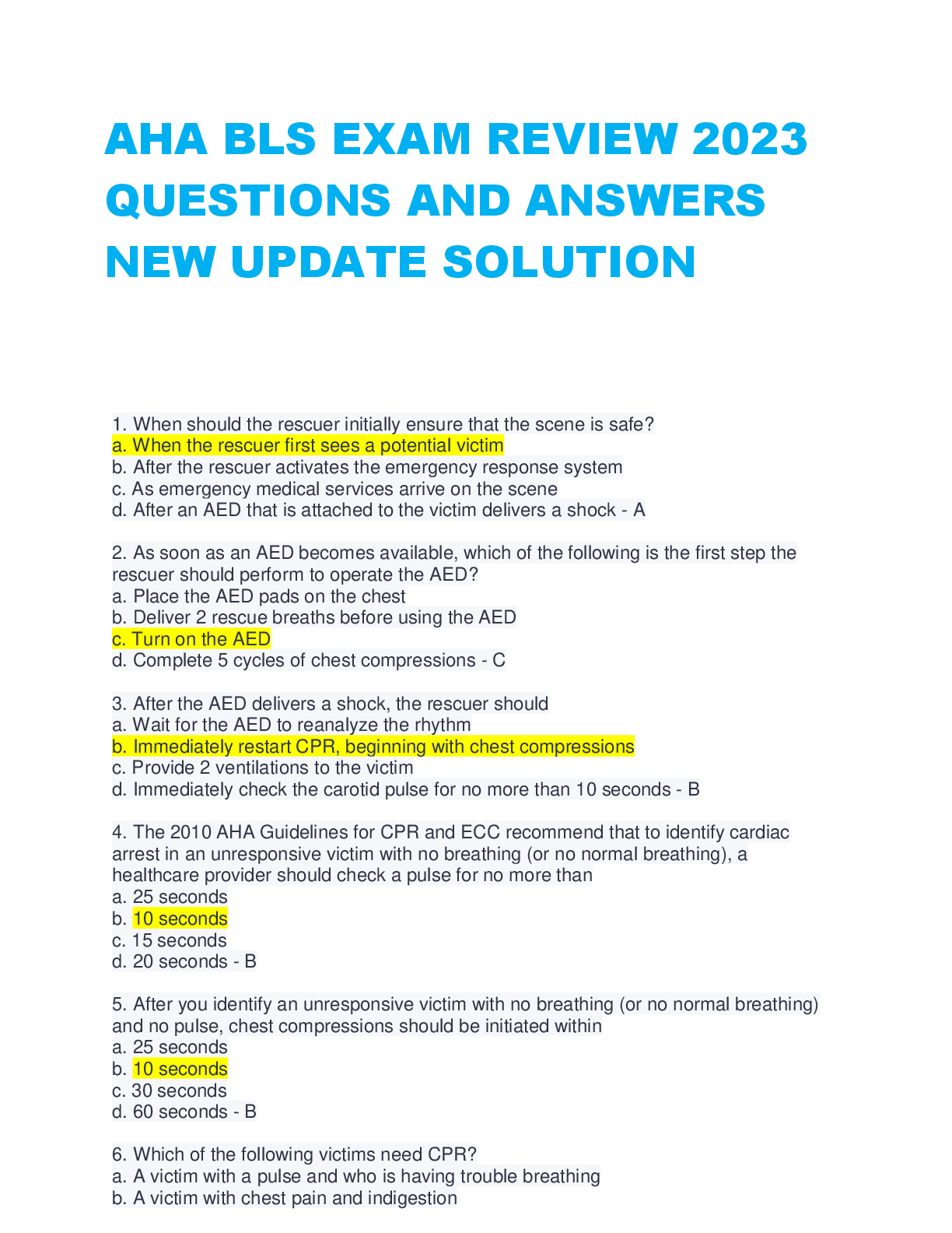 Preview image for AHA BLS EXAM REVIEW 2023  QUESTIONS AND ANSWERS  NEW UPDATE SOLUTION