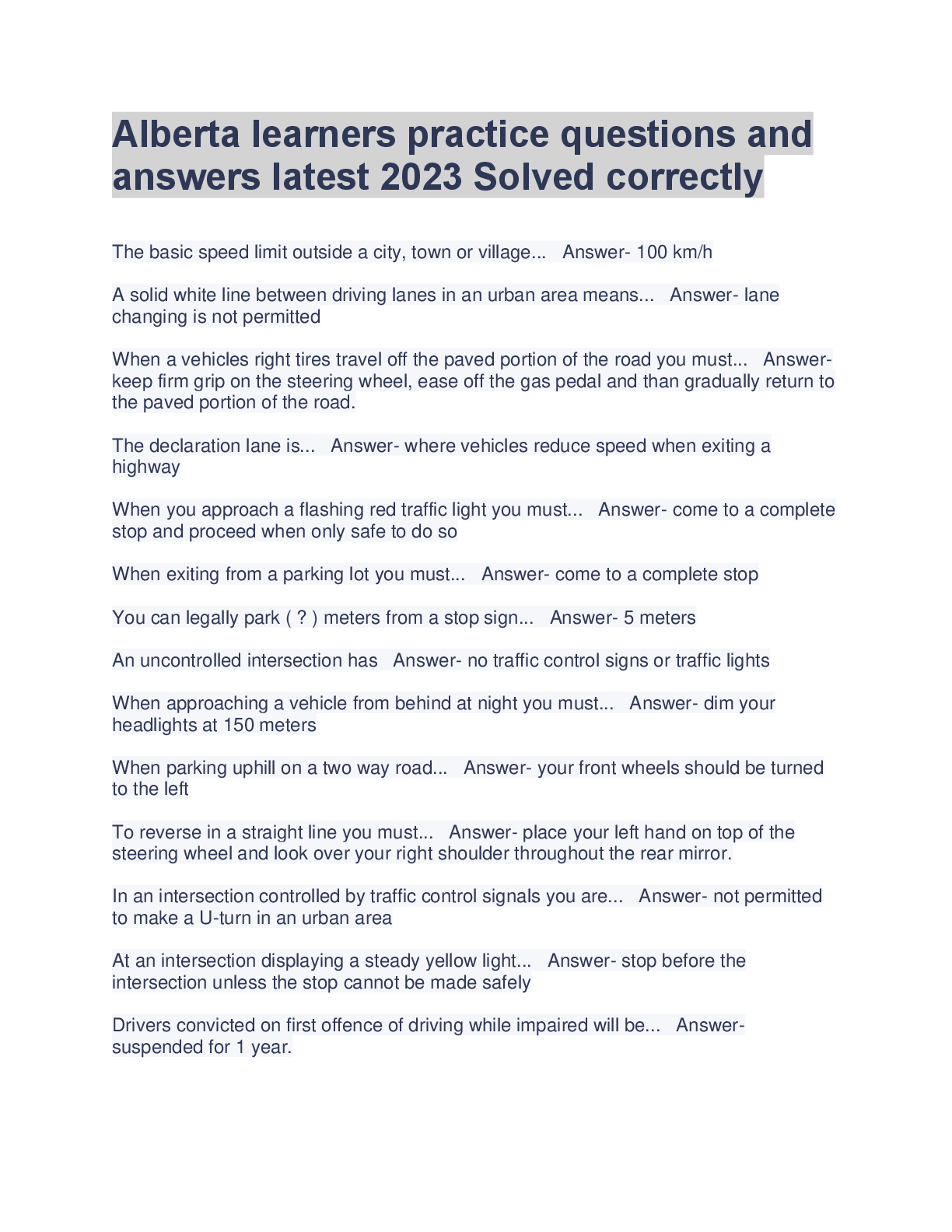 Preview image for Alberta learners practice questions and  answers latest 2023 Solved correctly