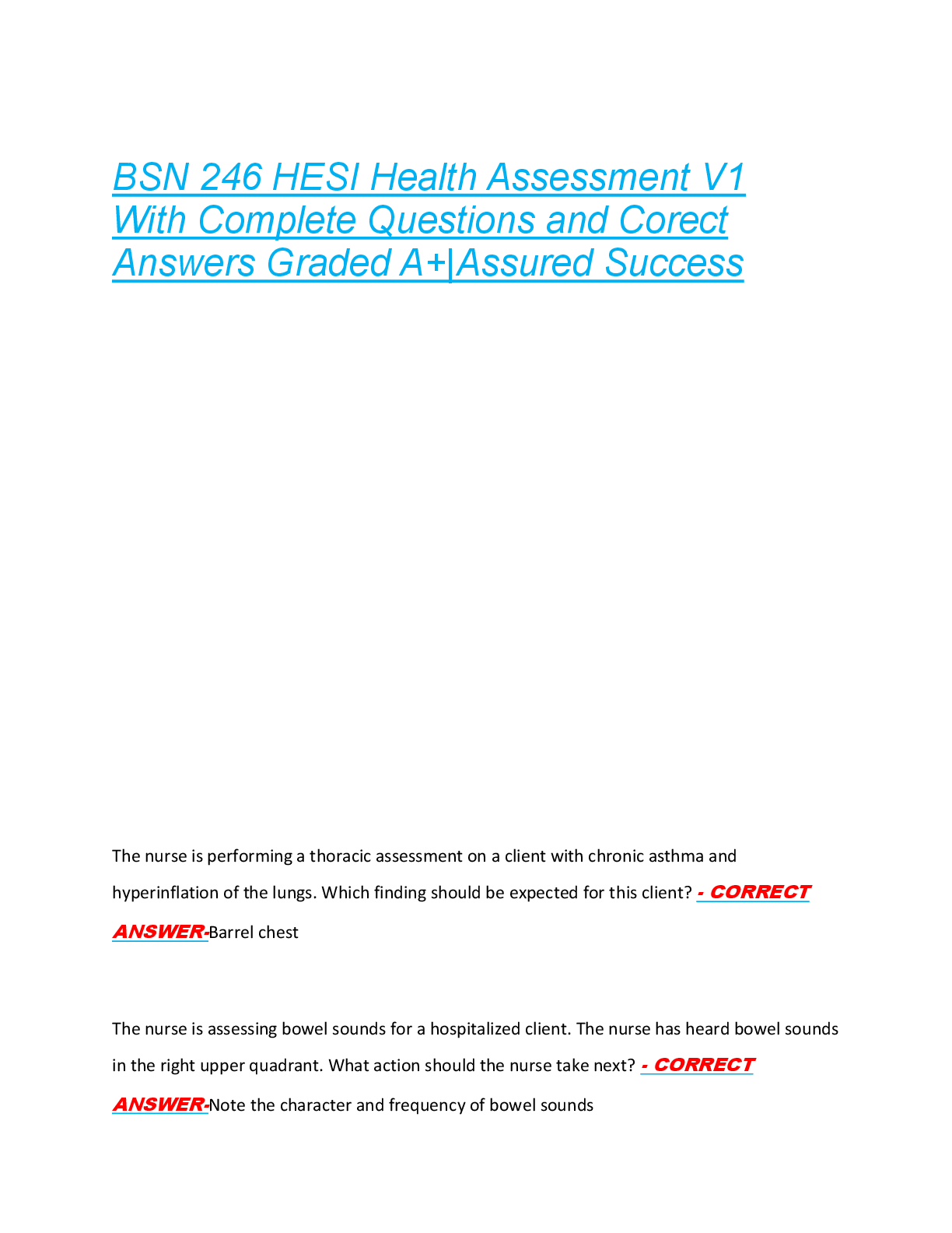 BSN 246 HESI Health Assessment V1  With Complete Questions and Corect  Answers Graded A+|Assured Success