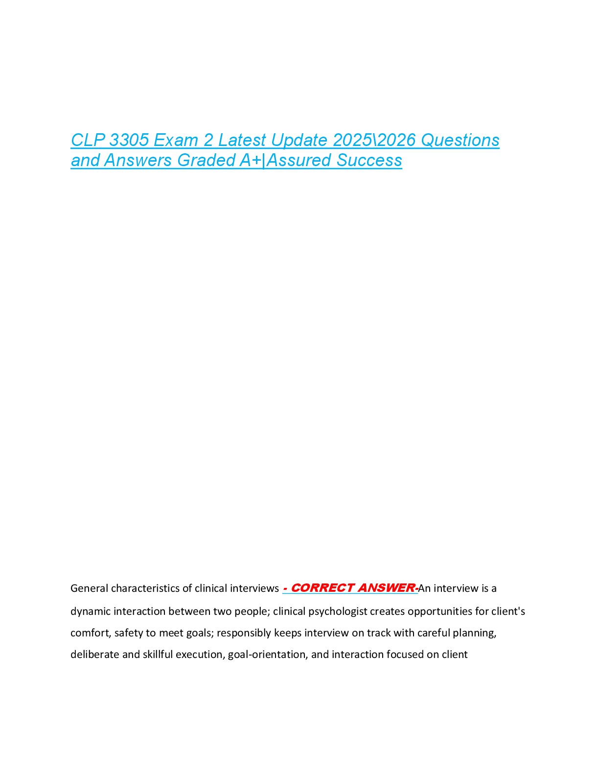 CLP 3305 Exam 2 Latest Update 2025\2026 Questions  and Answers Graded A+|Assured Success