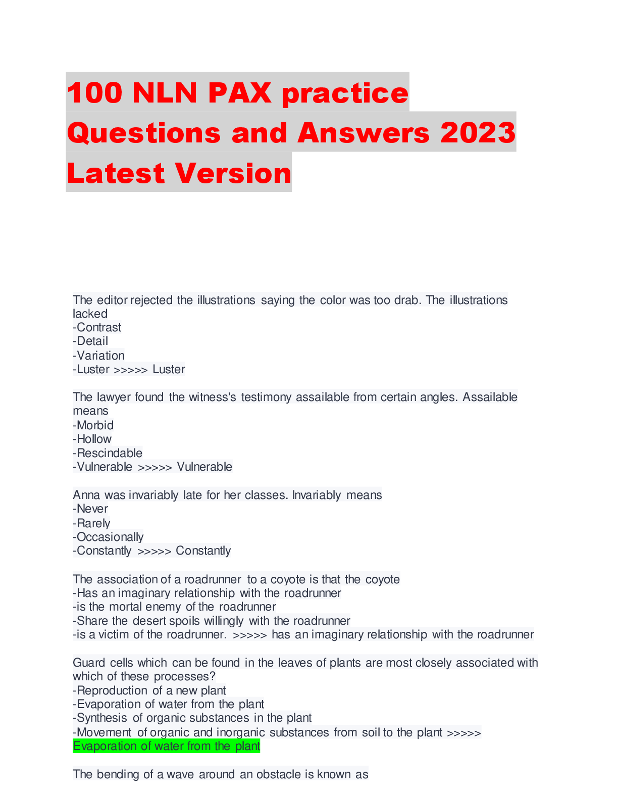 Preview image for 100 NLN PAX practice  Questions and Answers 2023  Latest Version