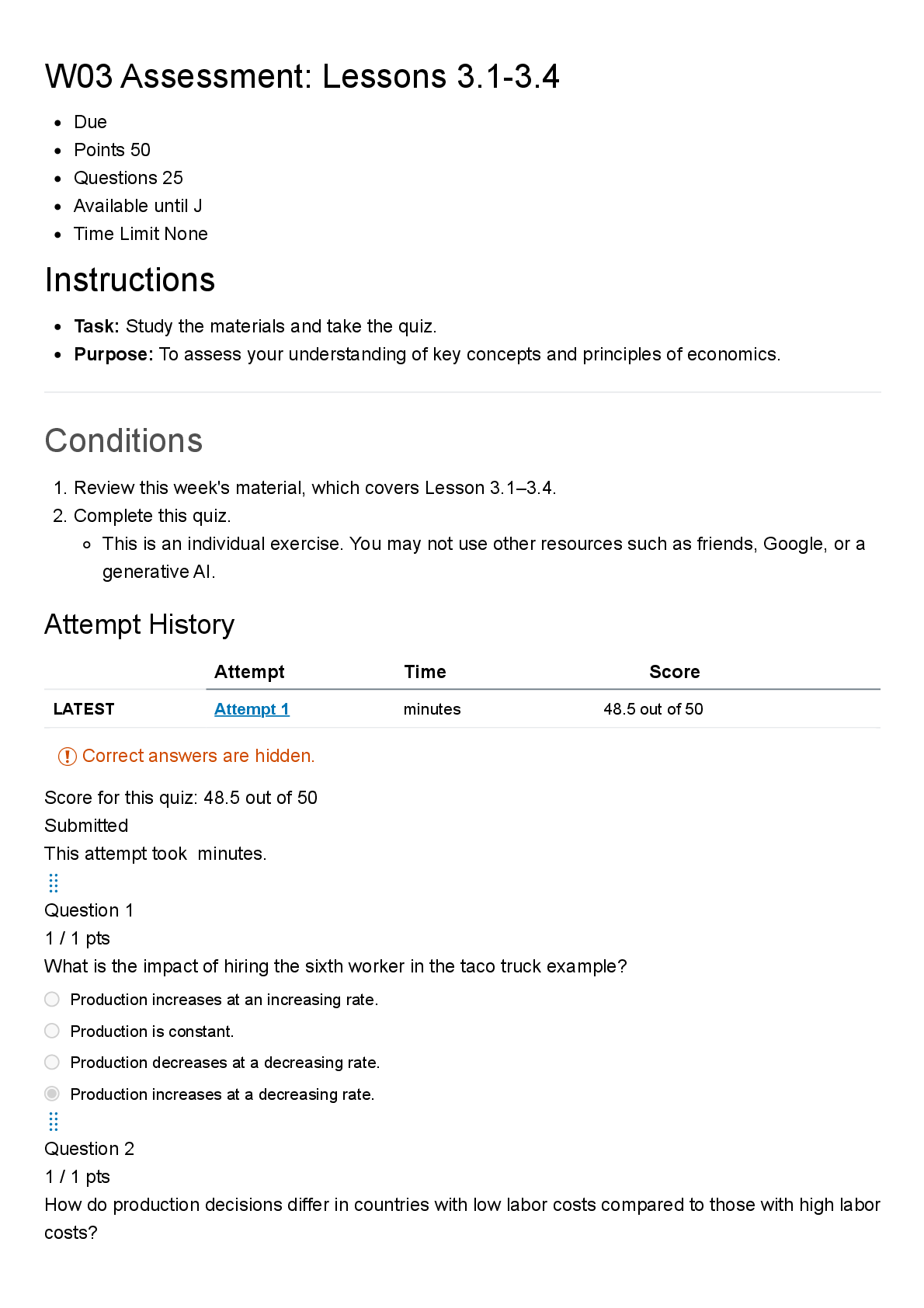 Preview image for ECON 100 W03 Assessment: Lessons 3.1-3.4 | Score 48.5/50 | Brigham Young University - Idaho