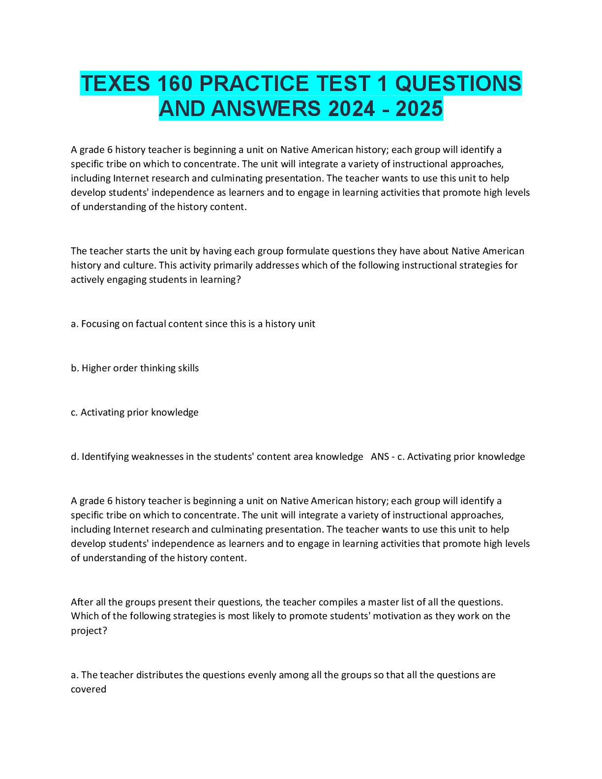 Preview of TEXES 160 PRACTICE TEST 1 QUESTIONS  AND ANSWERS 2024 - 2025