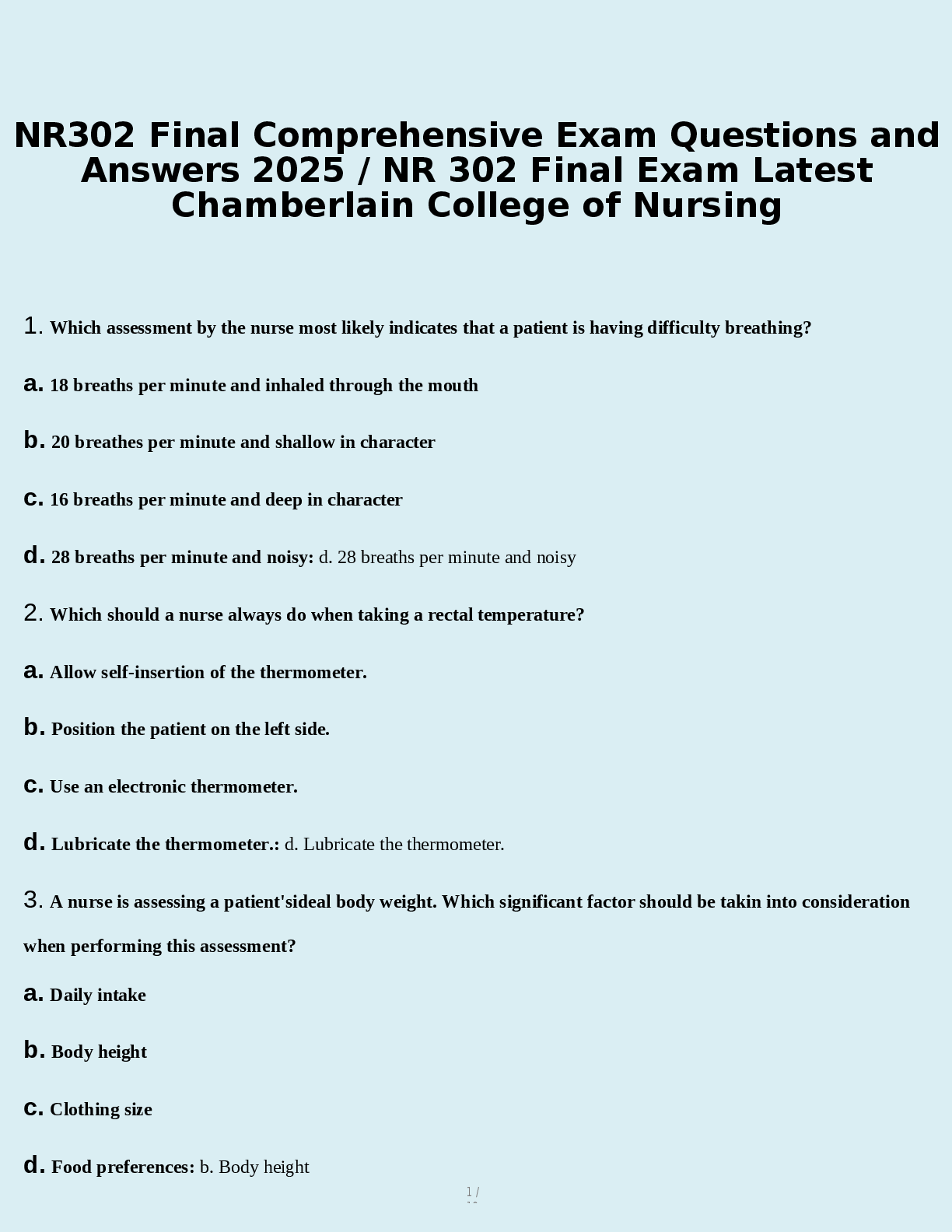 Preview of NR302 Final Comprehensive Exam Questions and  Answers 2025 / NR 302 Final Exam Latest  Chamberlain College of Nursing