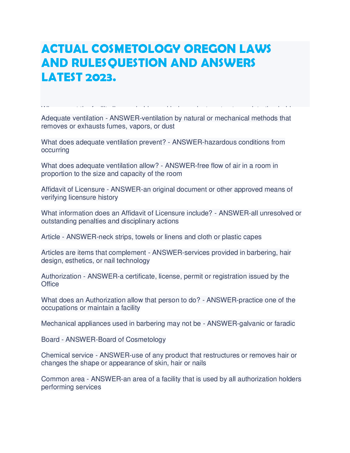 Preview image for ACTUAL COSMETOLOGY OREGON LAWS  AND RULES QUESTION AND ANSWERS