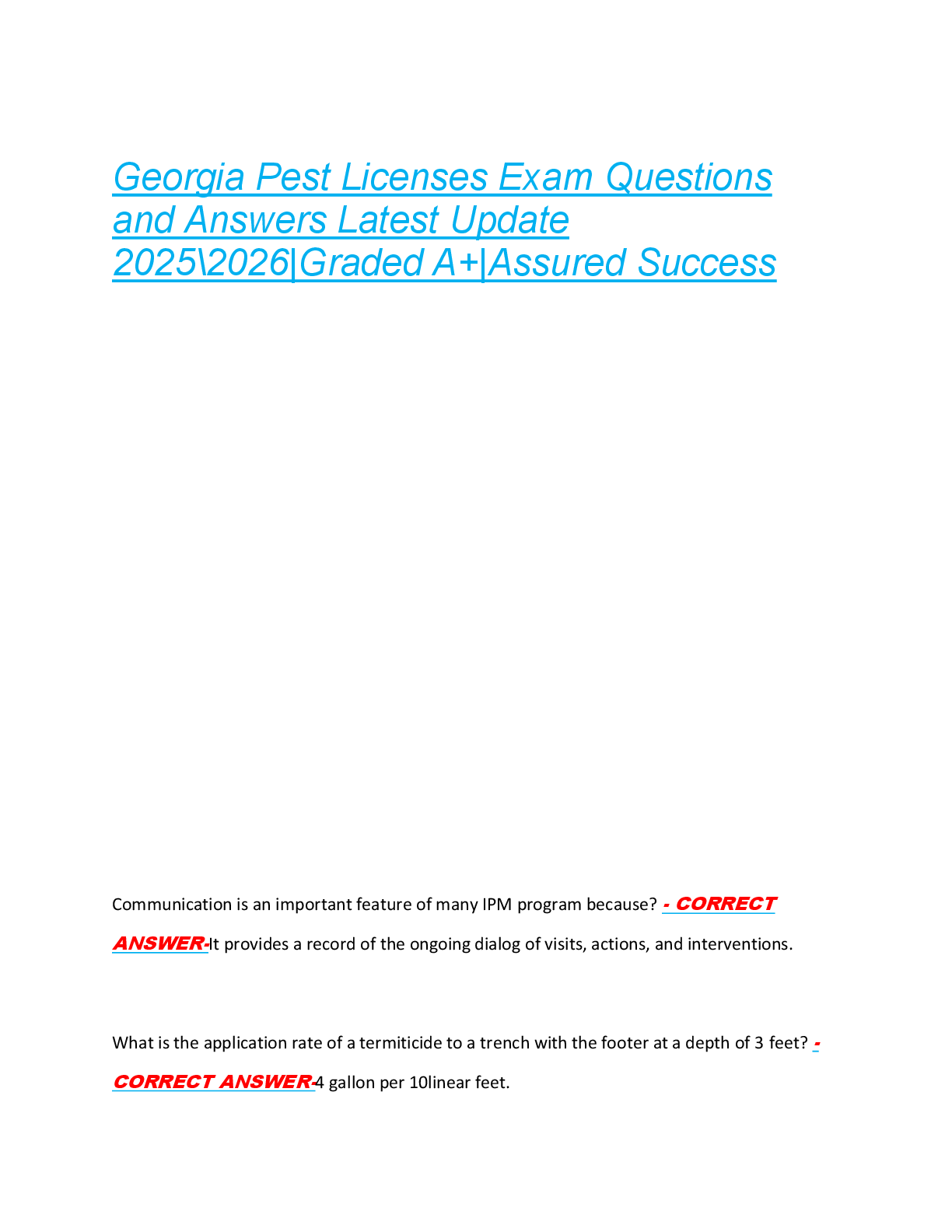 Georgia Pest Licenses Exam Questions  and Answers Latest Update  2025\2026|Graded A+|Assured Success