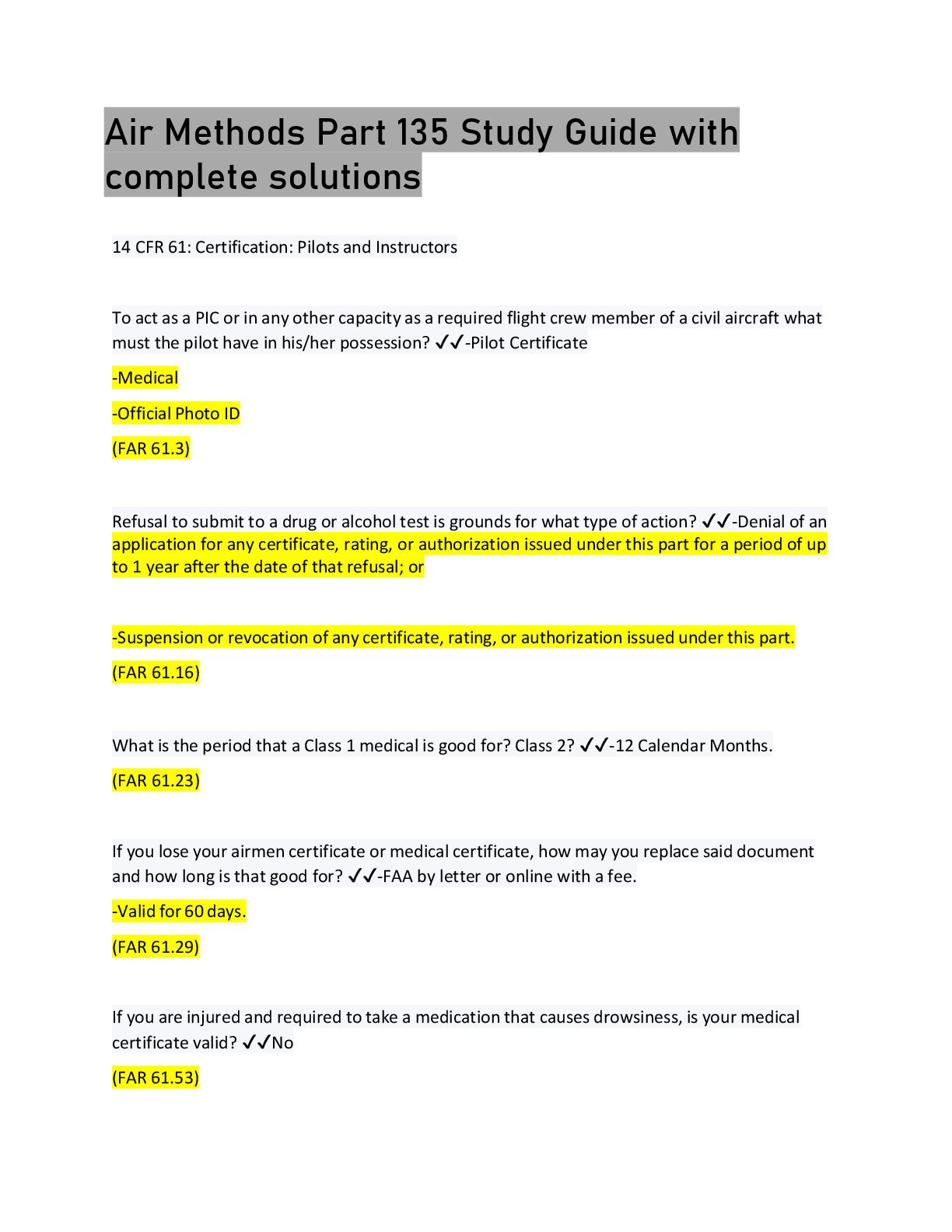 Preview image for Air Methods Part 135 Study Guide with  complete solutions