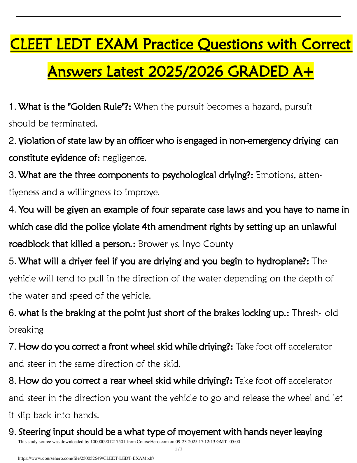Preview of CLEET LEDT EXAM Practice Questions with Correct  Answers Latest 2025/2026 GRADED A+