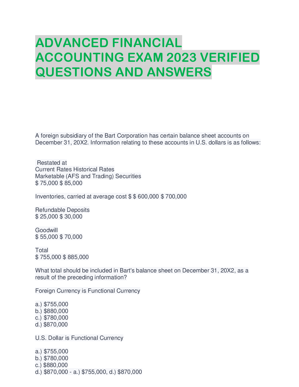 Preview image for ADVANCED FINANCIAL  ACCOUNTING EXAM 2023 VERIFIED  QUESTIONS AND ANSWERS