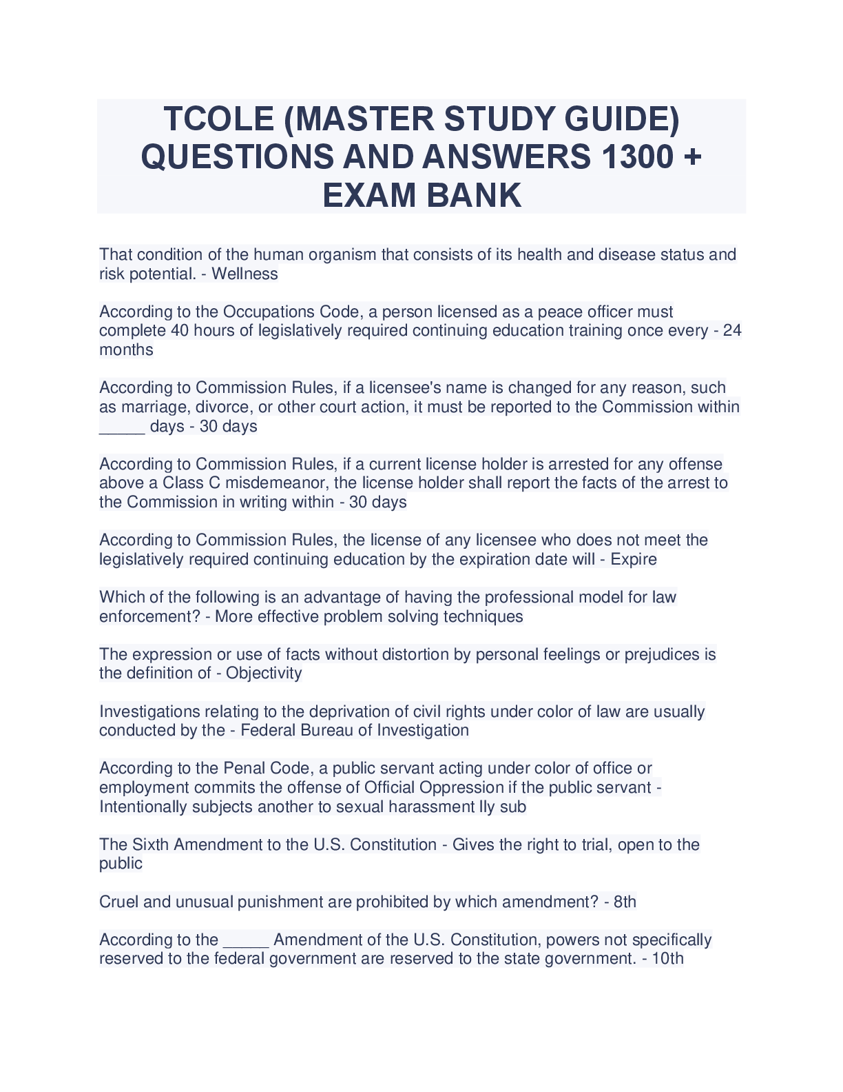 Preview of TCOLE (MASTER STUDY GUIDE)  QUESTIONS AND ANSWERS 1300 +  EXAM BANK