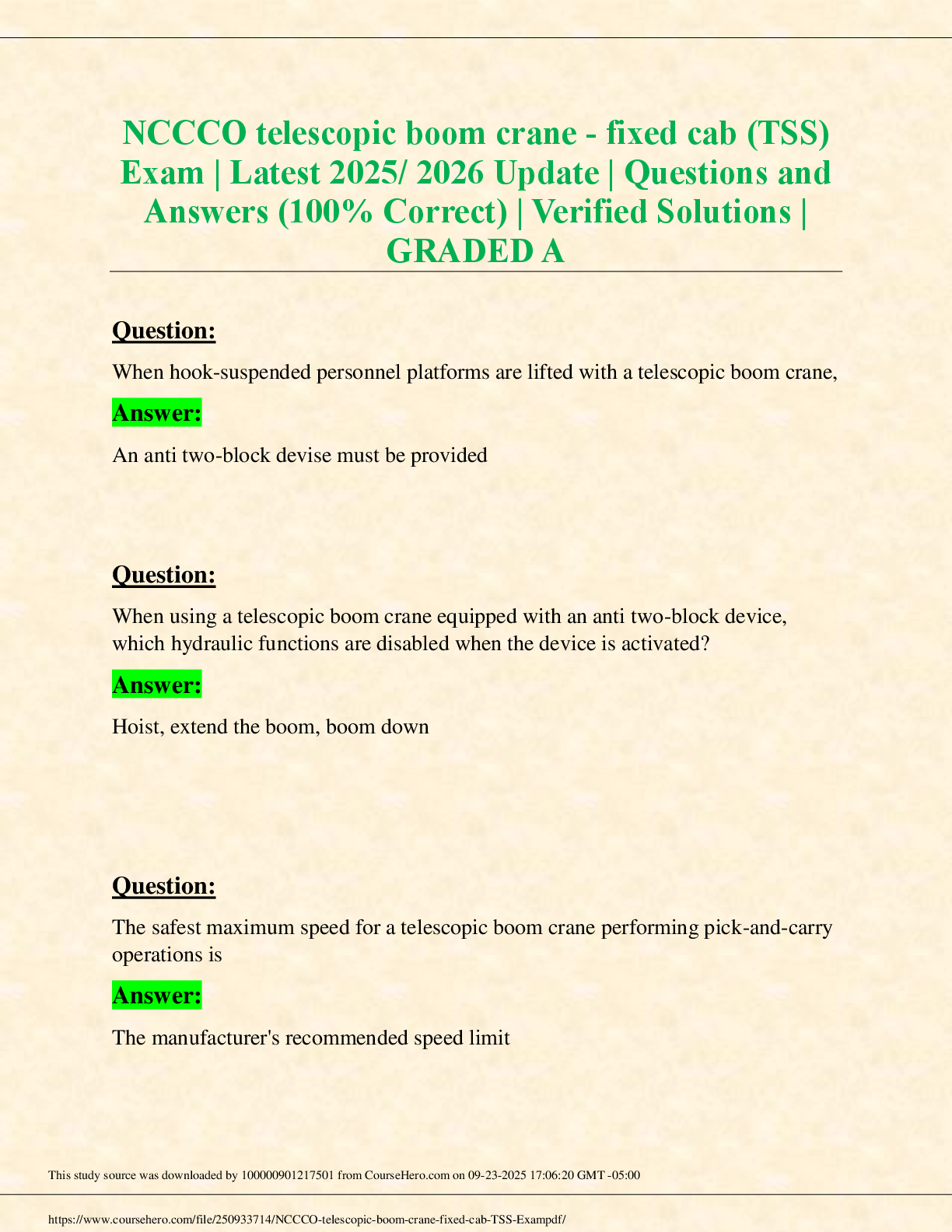 Preview of NCCCO telescopic boom crane - fixed cab (TSS)  Exam | Latest 2025/ 2026 Update | Questions and  Answers (100% Correct) | Verified Solutions |  GRADED A
