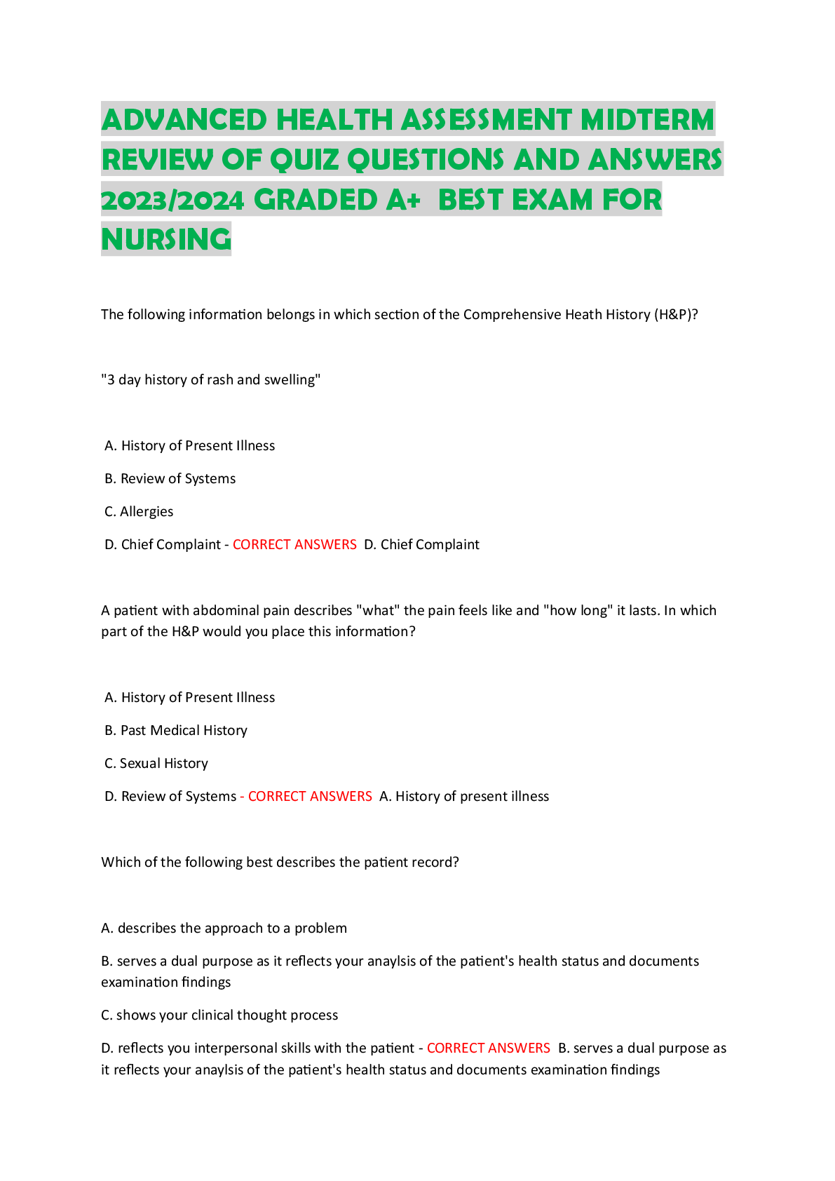 Preview image for ADVANCED HEALTH ASSESSMENT MIDTERM  REVIEW OF QUIZ QUESTIONS AND ANSWERS  2023/2024 GRADED A+  BEST EXAM FOR  NURSING