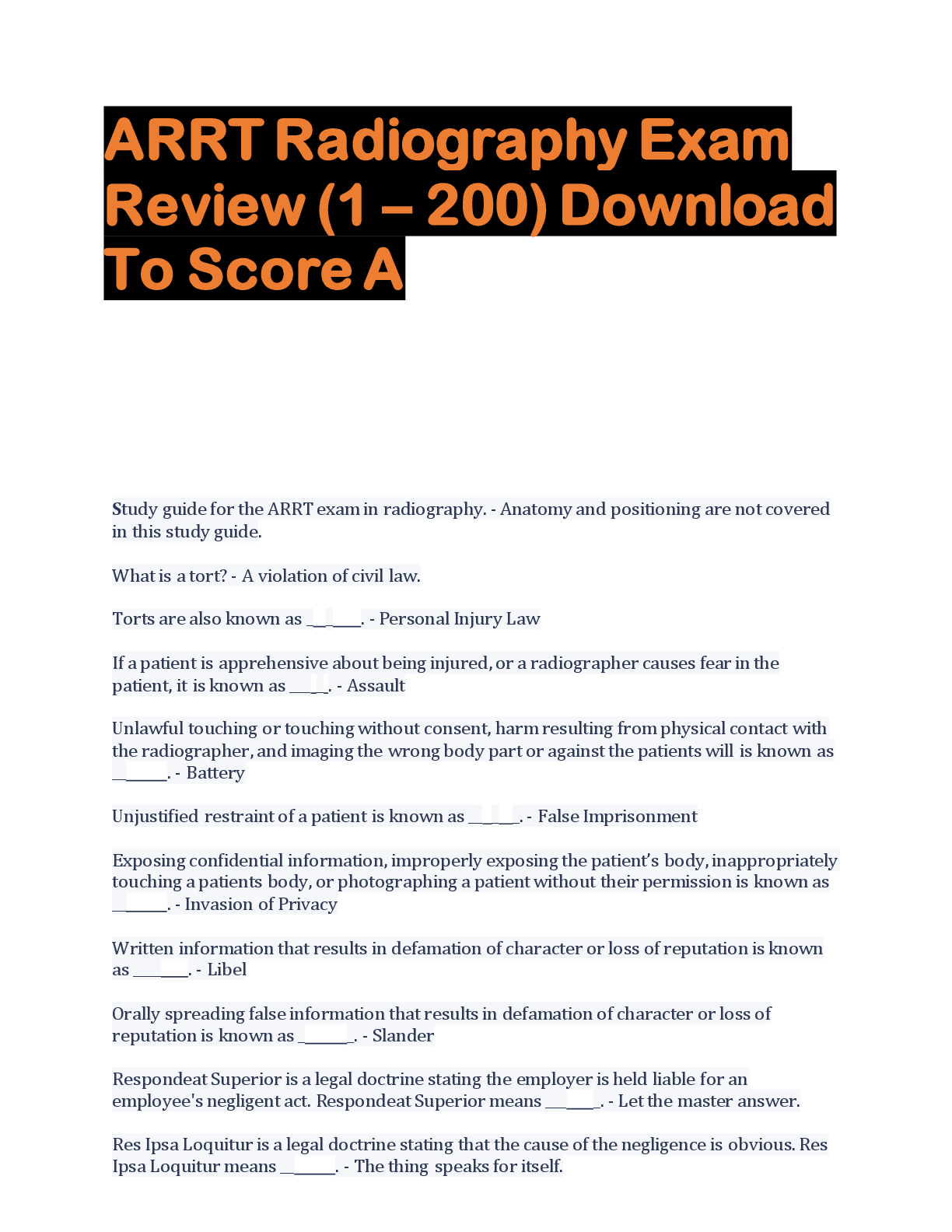 Preview image for ARRT Radiography Exam  Review (1 – 200) Download  To Score A