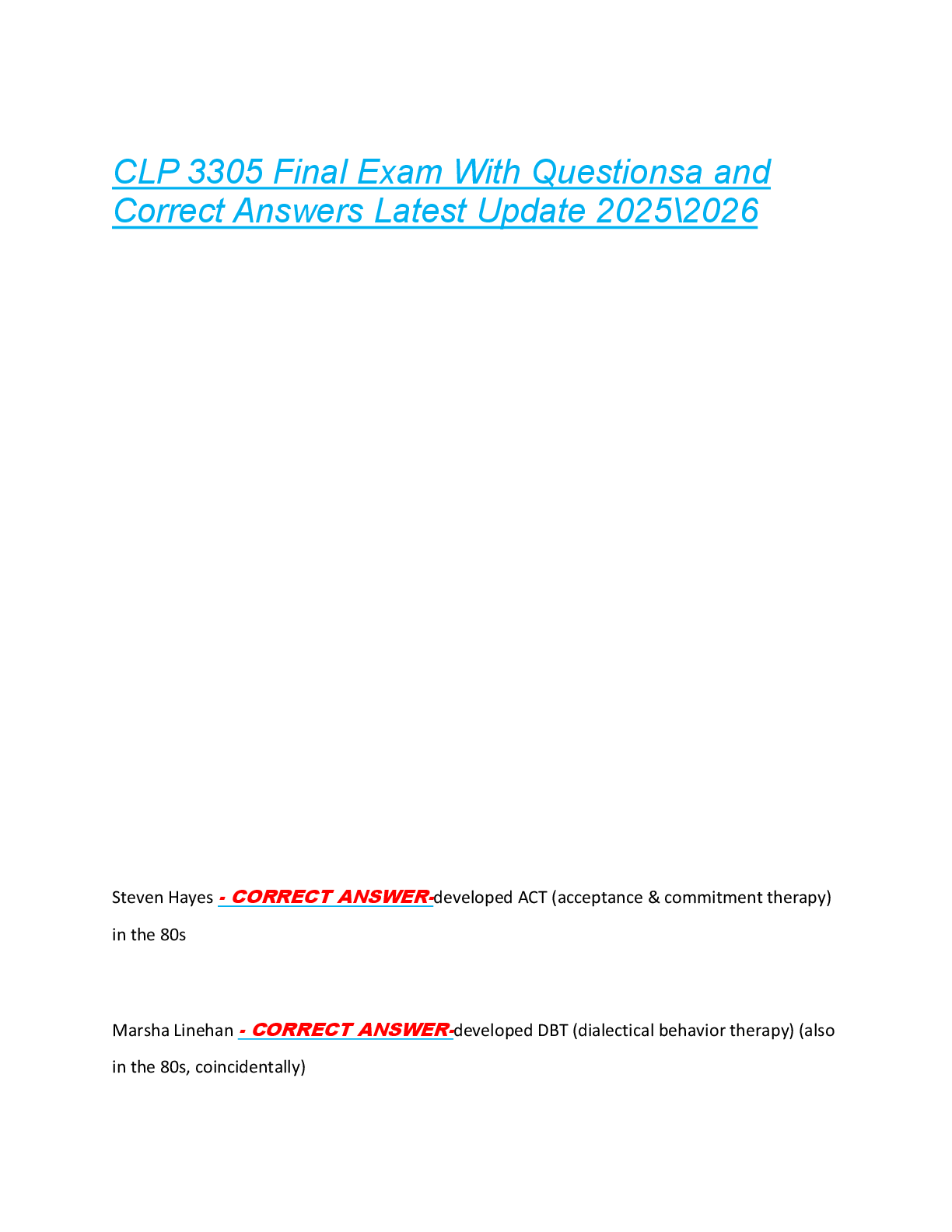 CLP 3305 Final Exam With Questionsa and  Correct Answers Latest Update 2025\2026