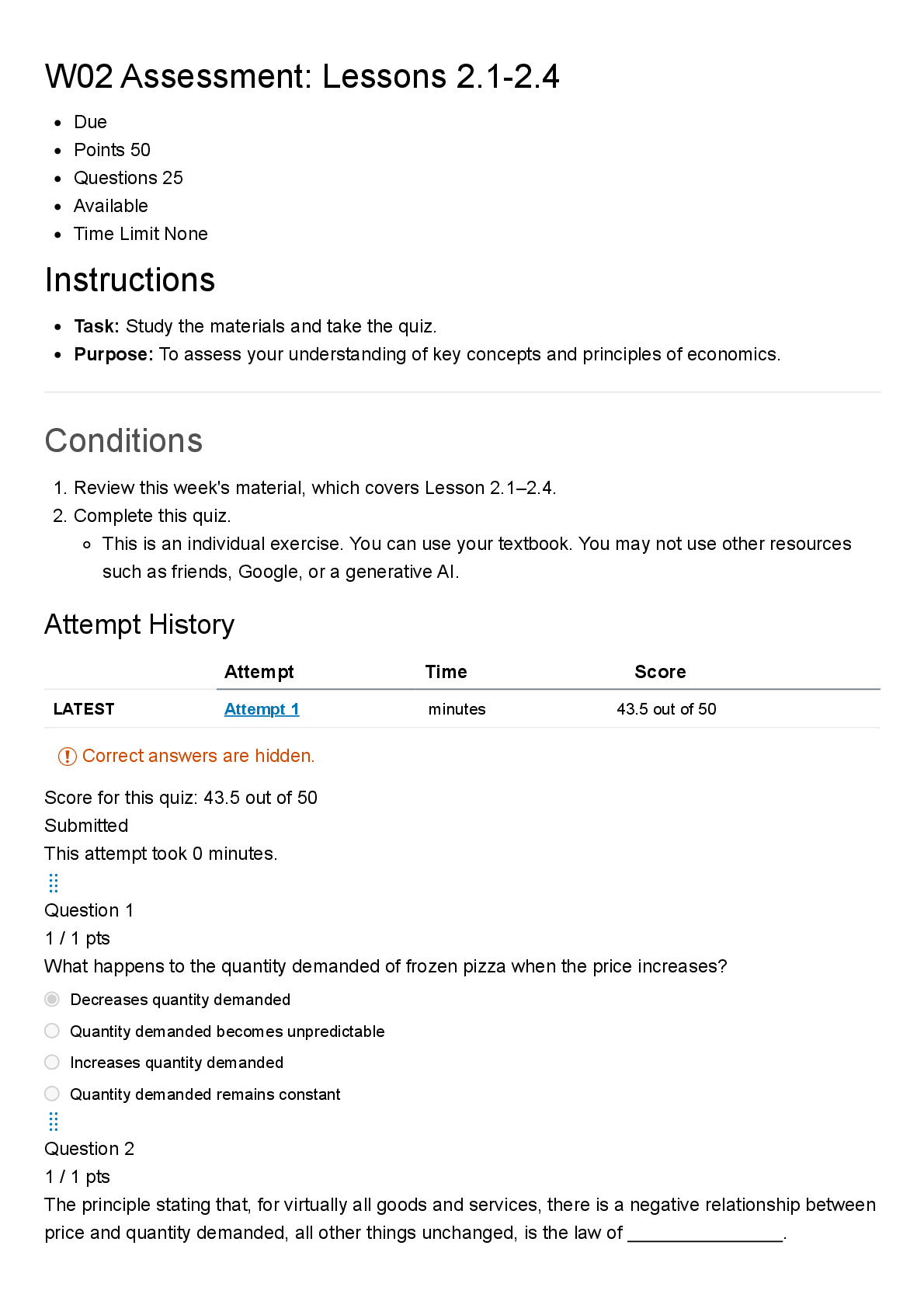 Preview image for ECON 100 W02 Assessment: Lessons 2.1-2.4 | Score 43.5/50 | Brigham Young University - Idaho