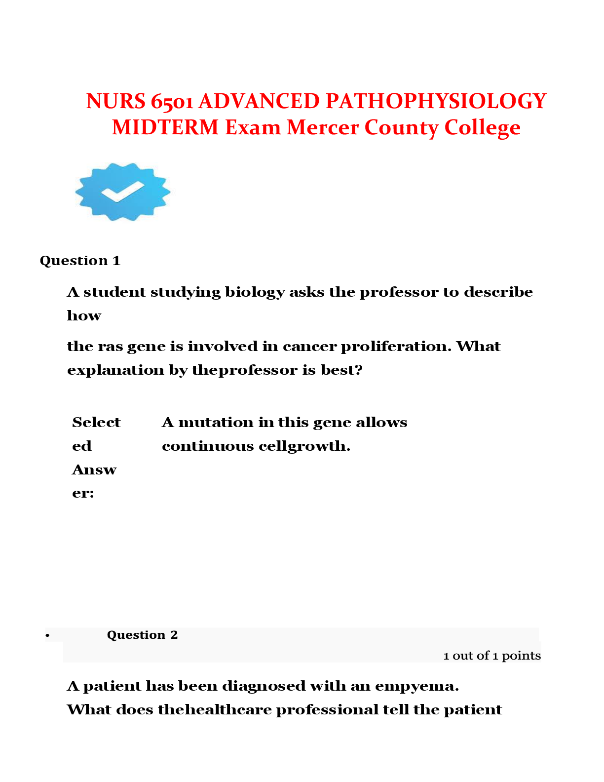 Preview image for NURS 6501 Advanced Pathophysiology Midterm Exam Mercer County College.