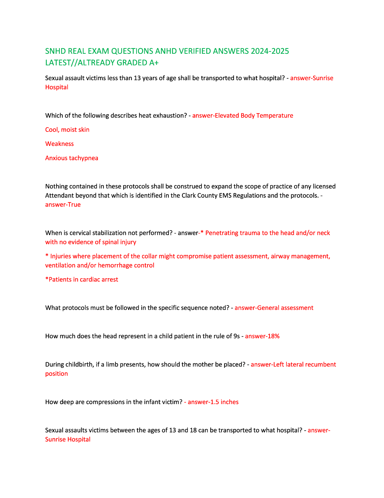 Preview image for SNHD Real Exam Questions and Verified Answers 2024-2025 Latest  Already Graded A+.