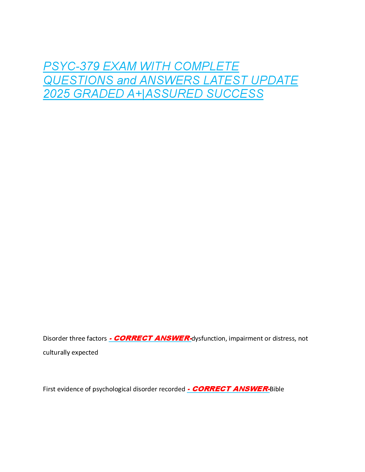 Preview of PSYC-379 EXAM WITH COMPLETE  QUESTIONS and ANSWERS LATEST UPDATE  2025 GRADED A+|ASSURED S